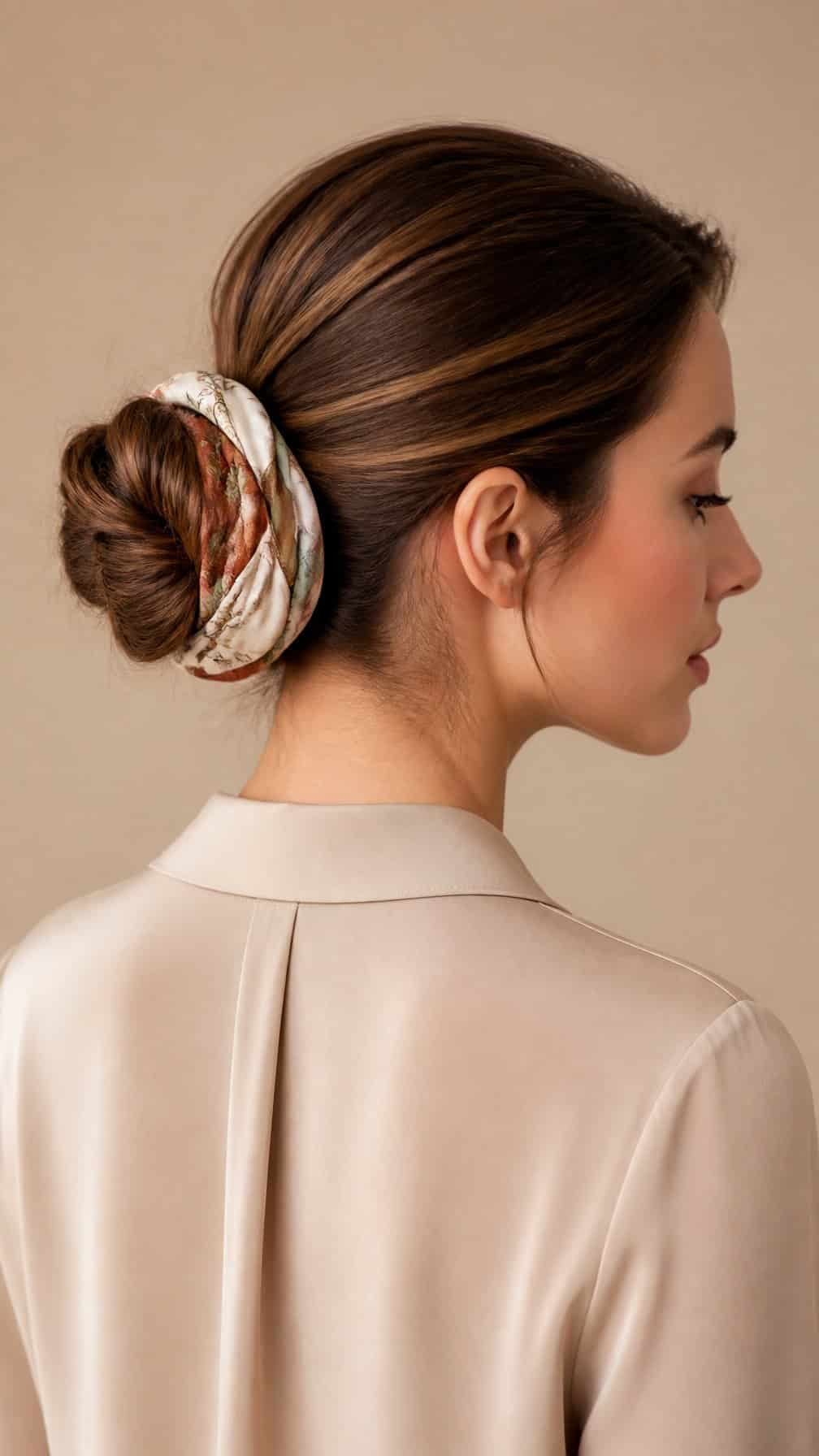 Woman wearing a bun wrapped with a scarf.