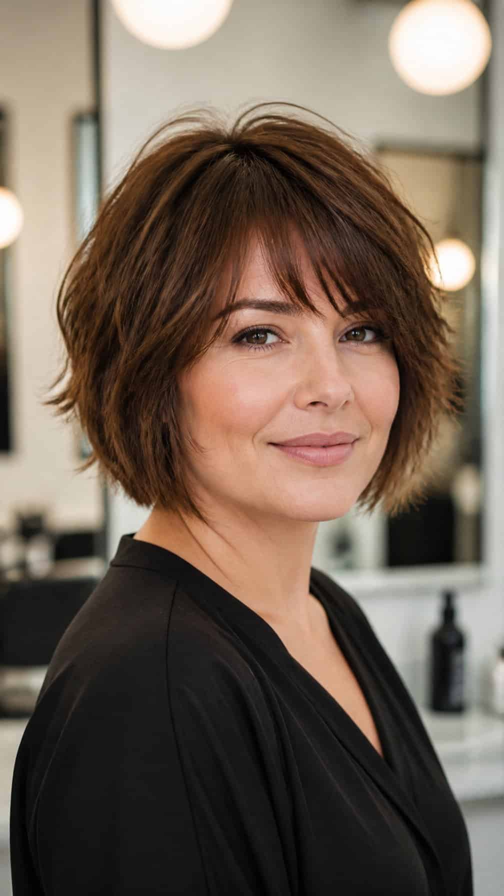 Woman with a textured shaggy bob haircut posing in a salon.