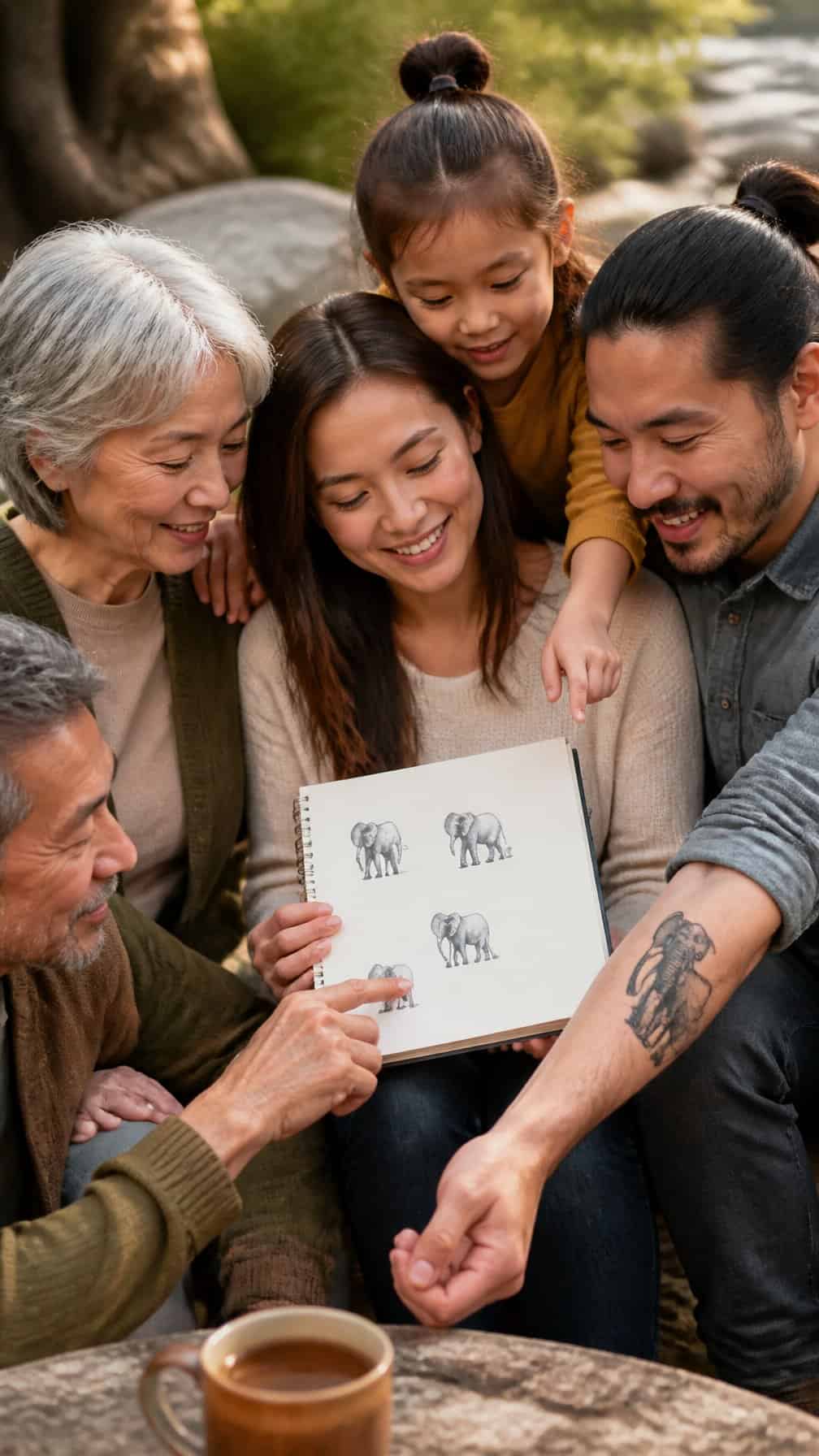 A multigenerational family gathers outdoors while looking at a shared animal tattoo design.