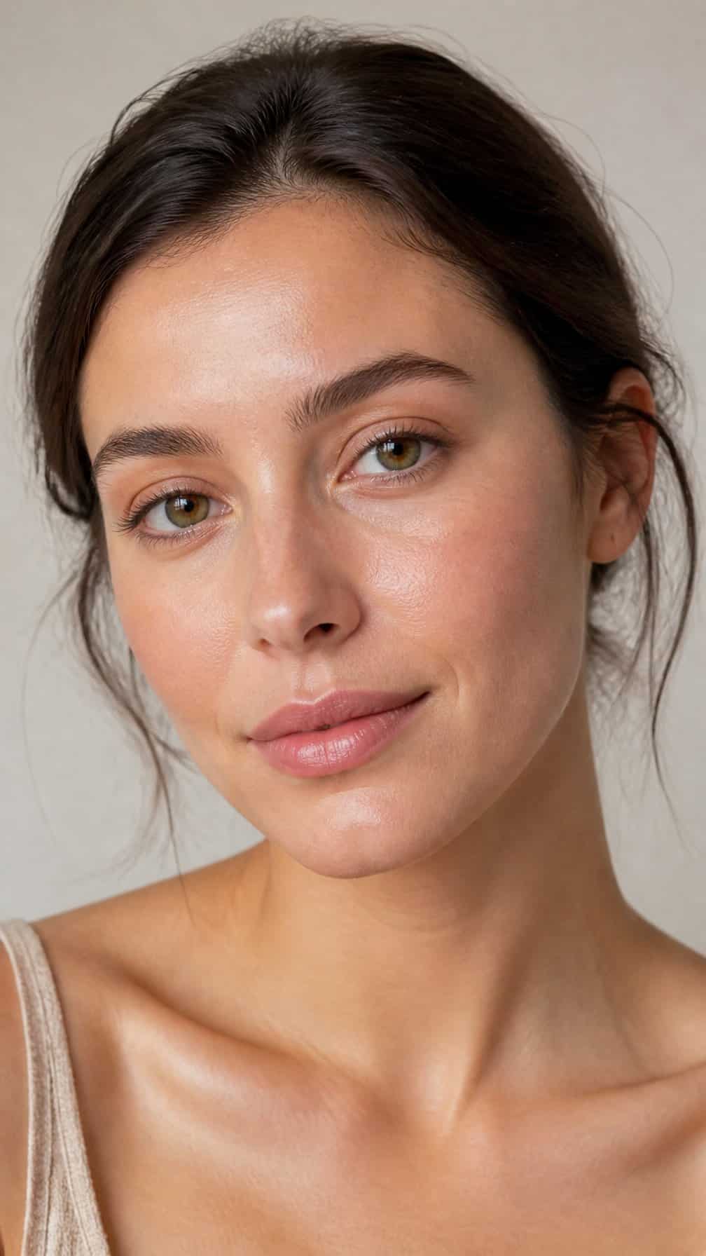 A woman with sheer natural makeup and softly brushed-up eyebrows.