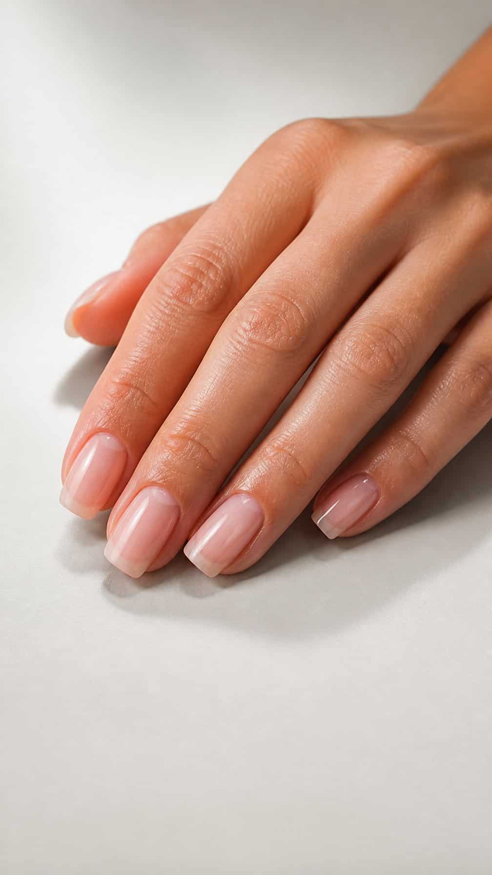 A well-groomed hand with sheer pink squoval nails resting on a neutral surface.