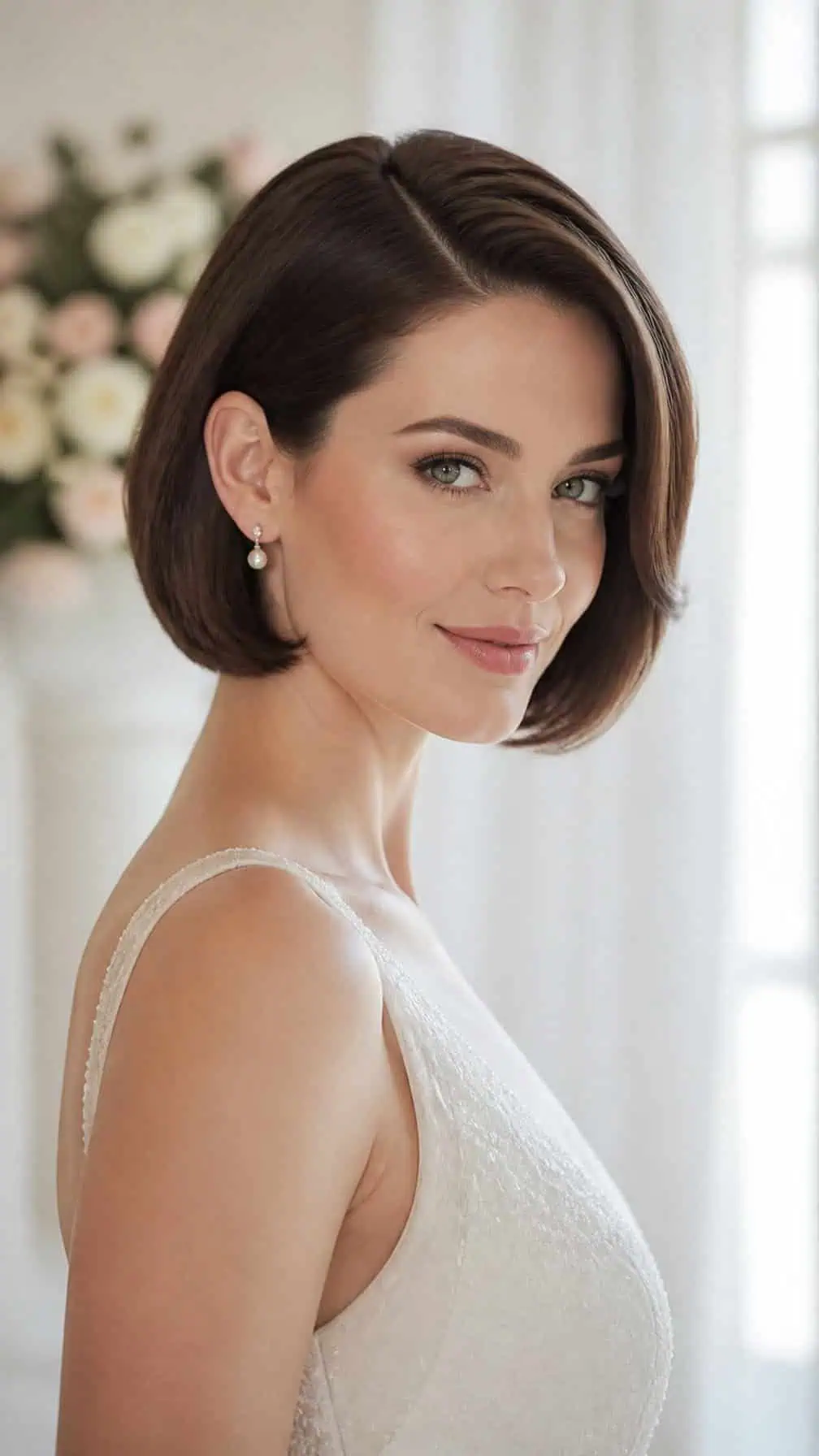 Bride with a short side-parted bob haircut wearing an ivory wedding dress.