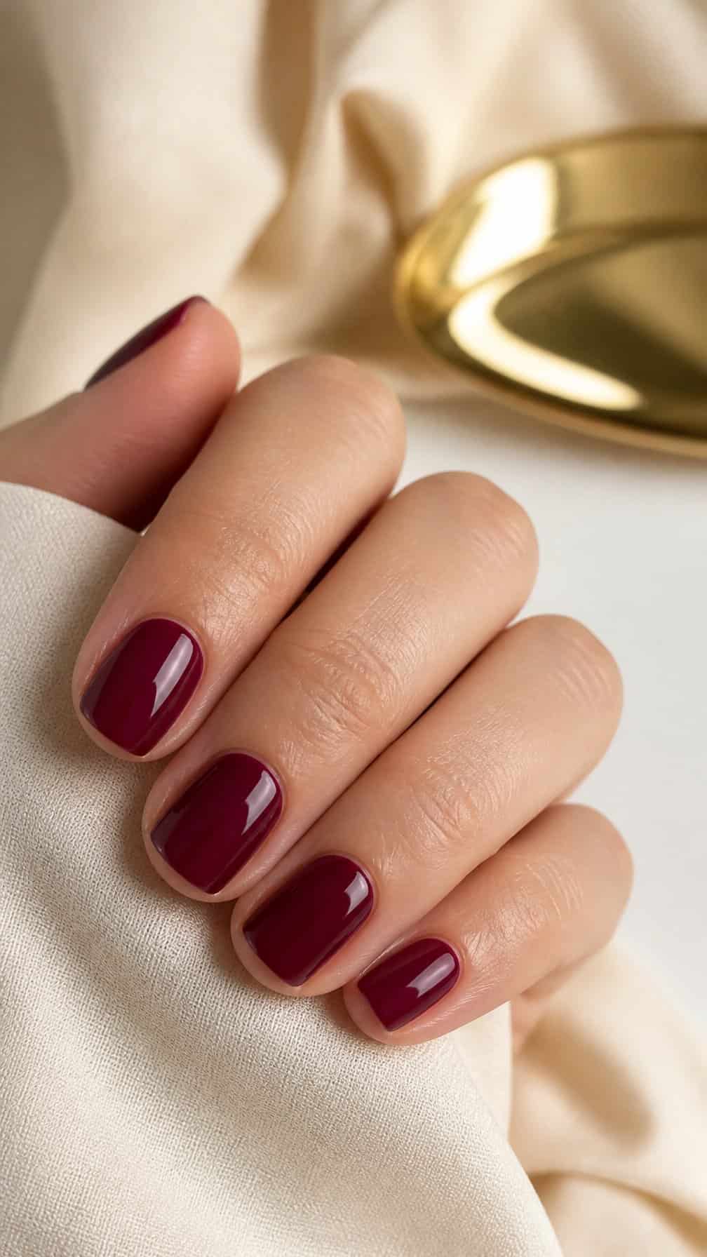 A hand with short square nails painted glossy deep maroon rests on a neutral surface.