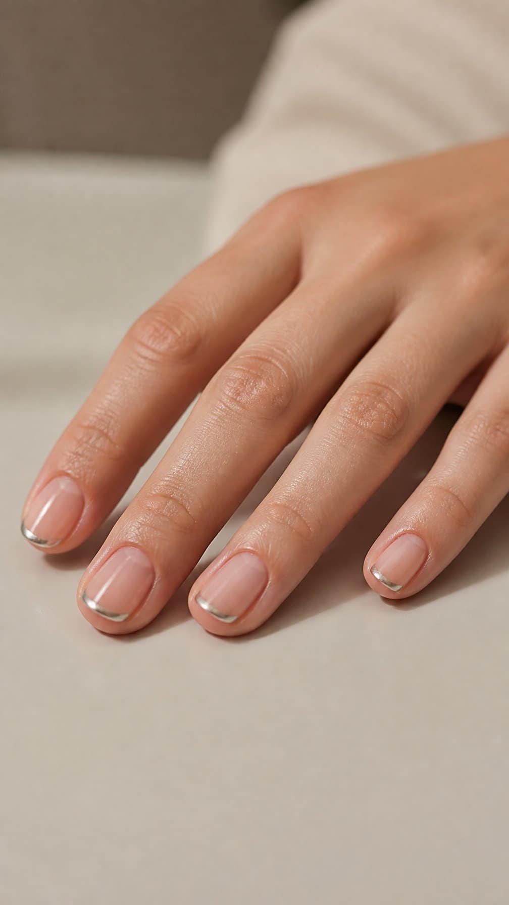A hand with short nails featuring neat metallic silver tips.