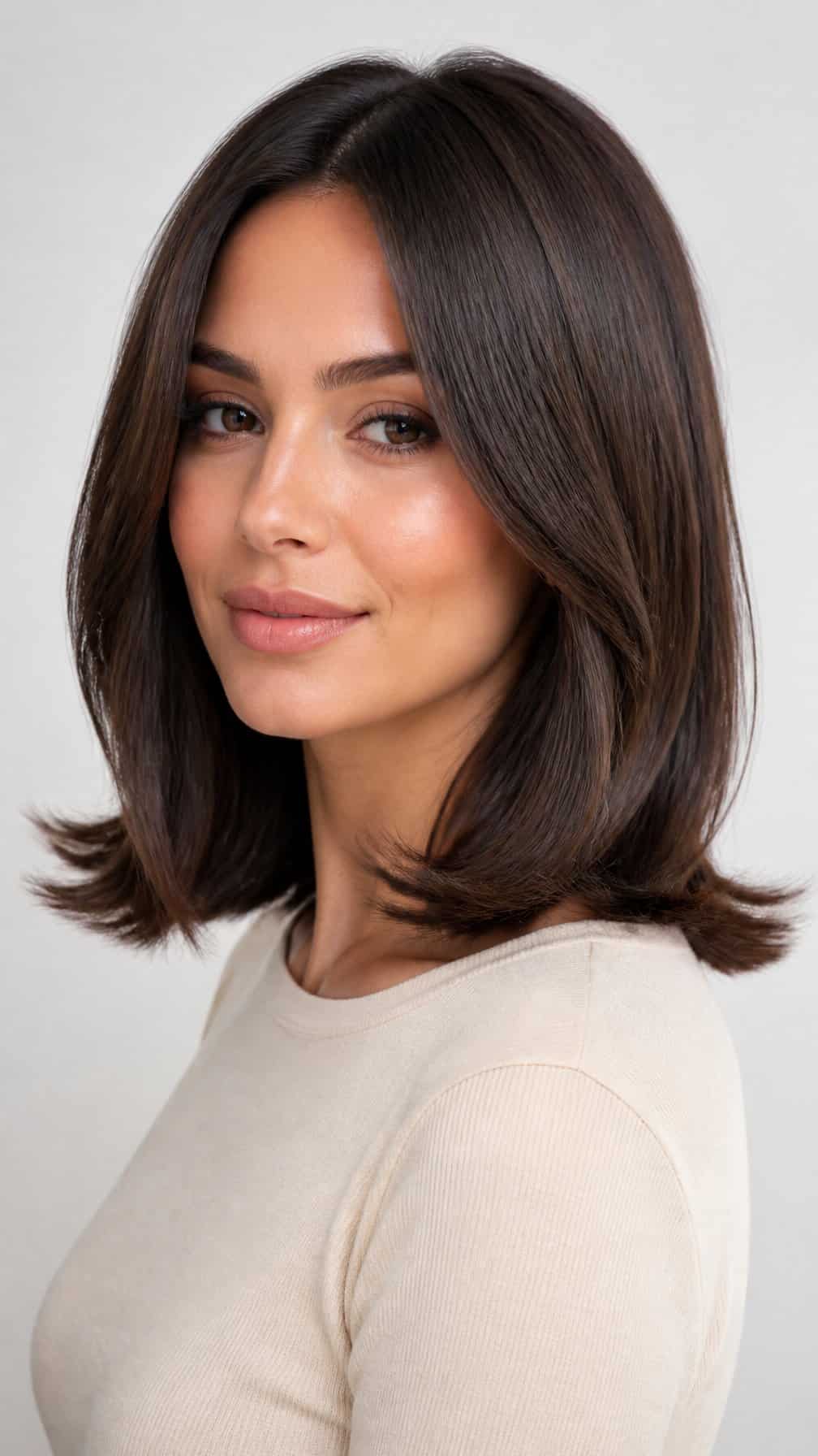 A woman with straight shoulder-length hair and ends flipped outward.