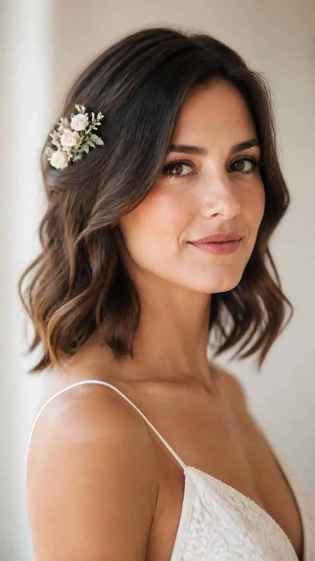 Bride with shoulder-length wavy hair decorated with a delicate floral comb.