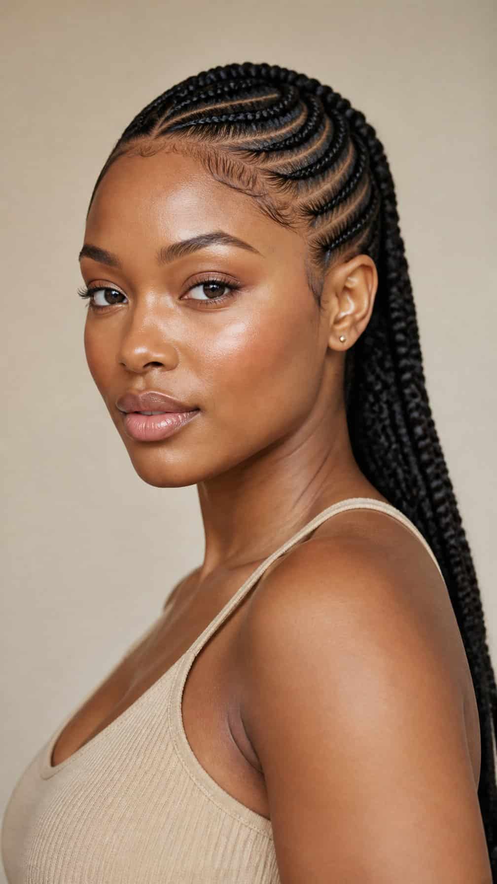 A woman with neatly braided hair poses against a neutral background.