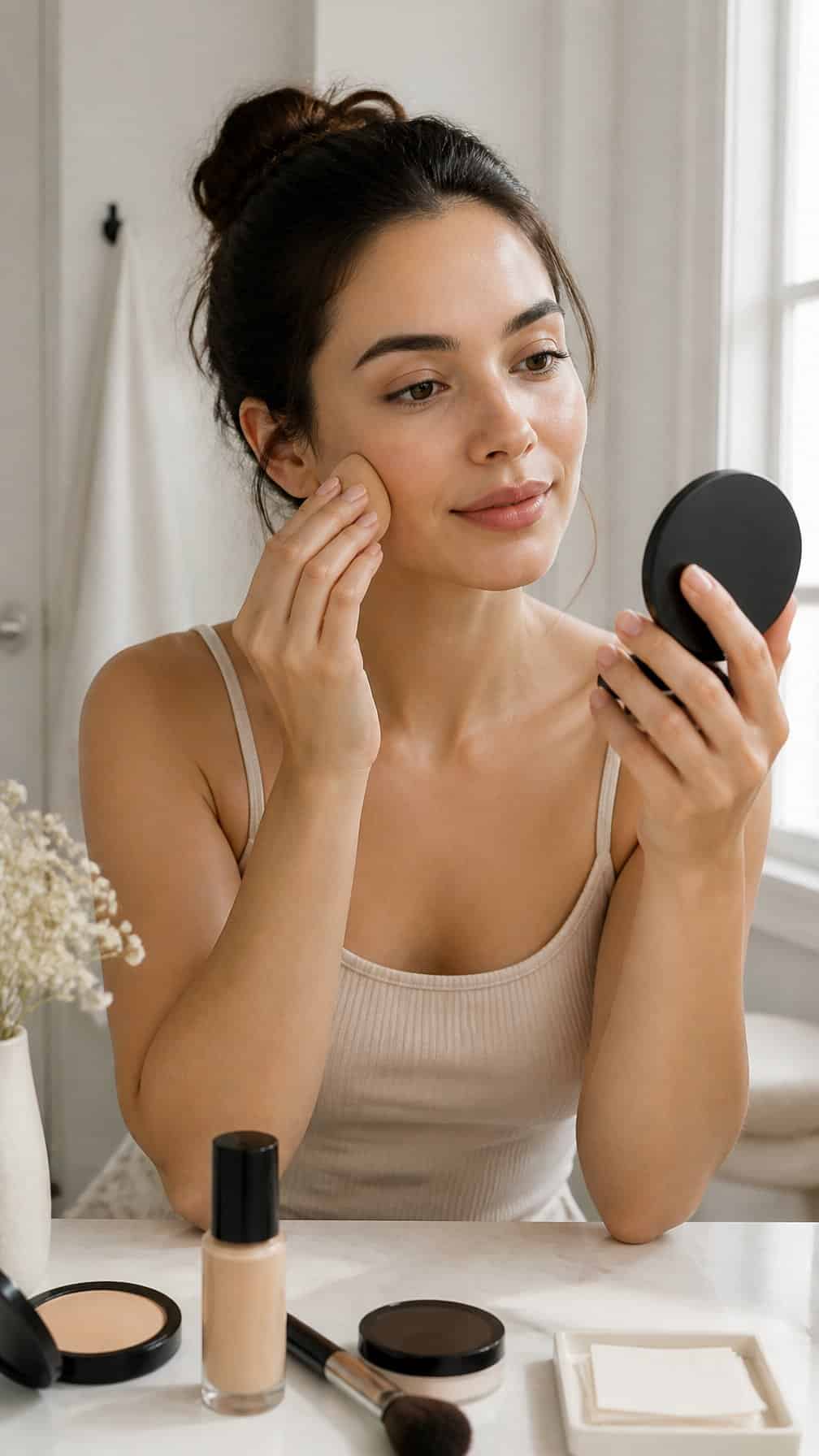 Woman applying simple makeup at a morning vanity.