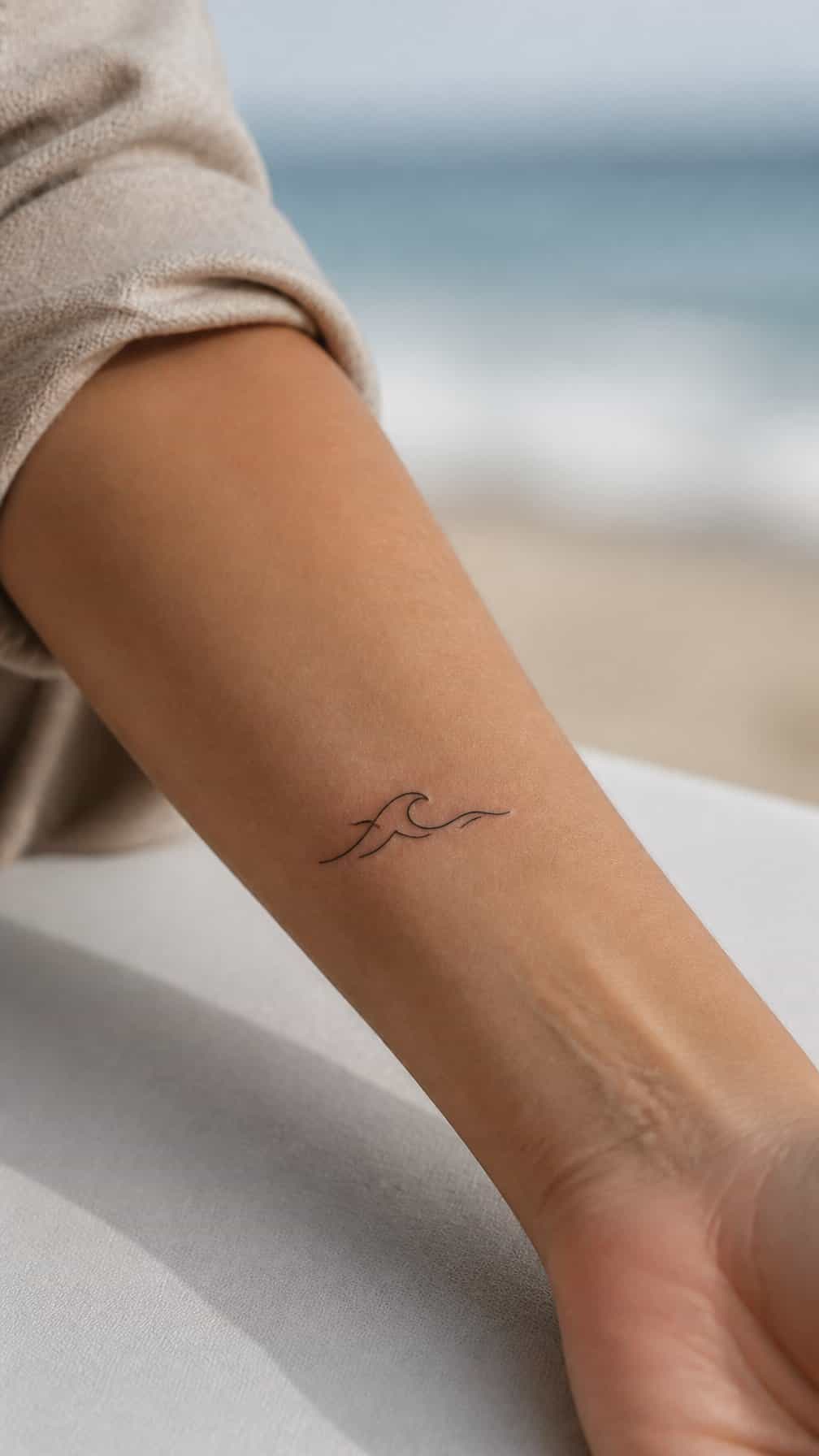 A small minimalist wave tattoo on an adult person's inner forearm.