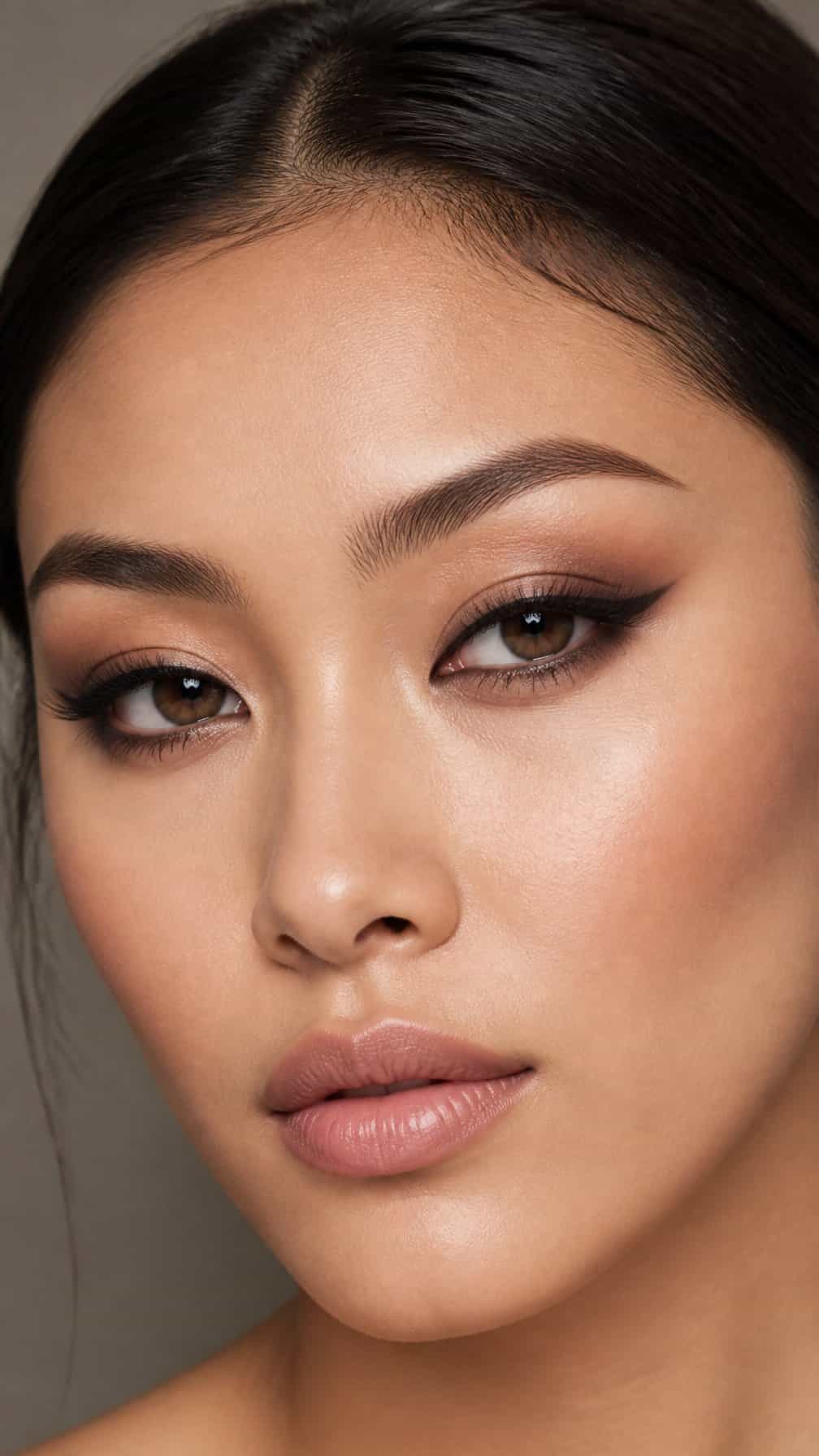Close-up of a person with hooded eyes wearing elongated smoky winged eyeliner and polished eye makeup.