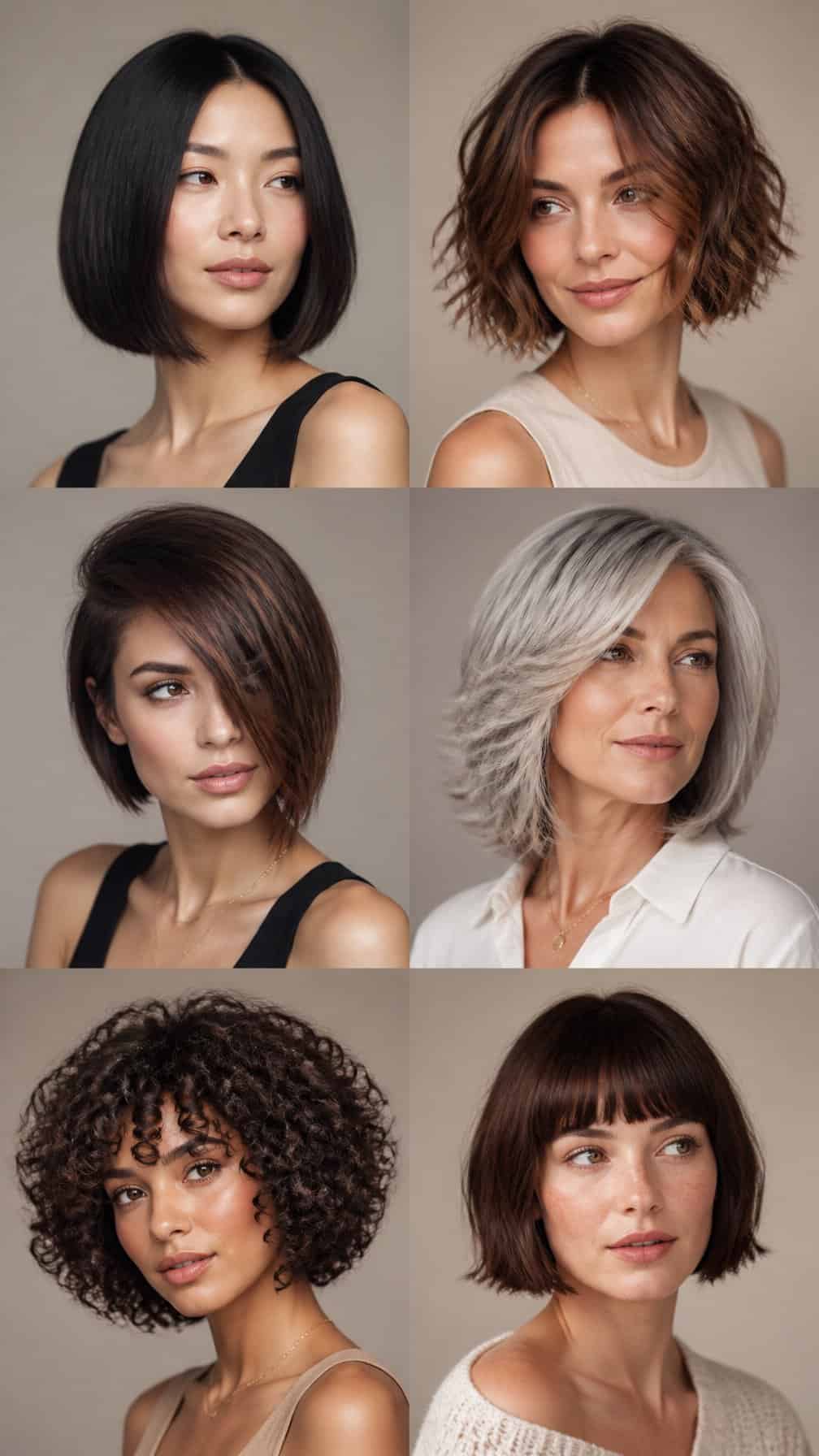 Six women with different bob haircuts pose together in a studio.