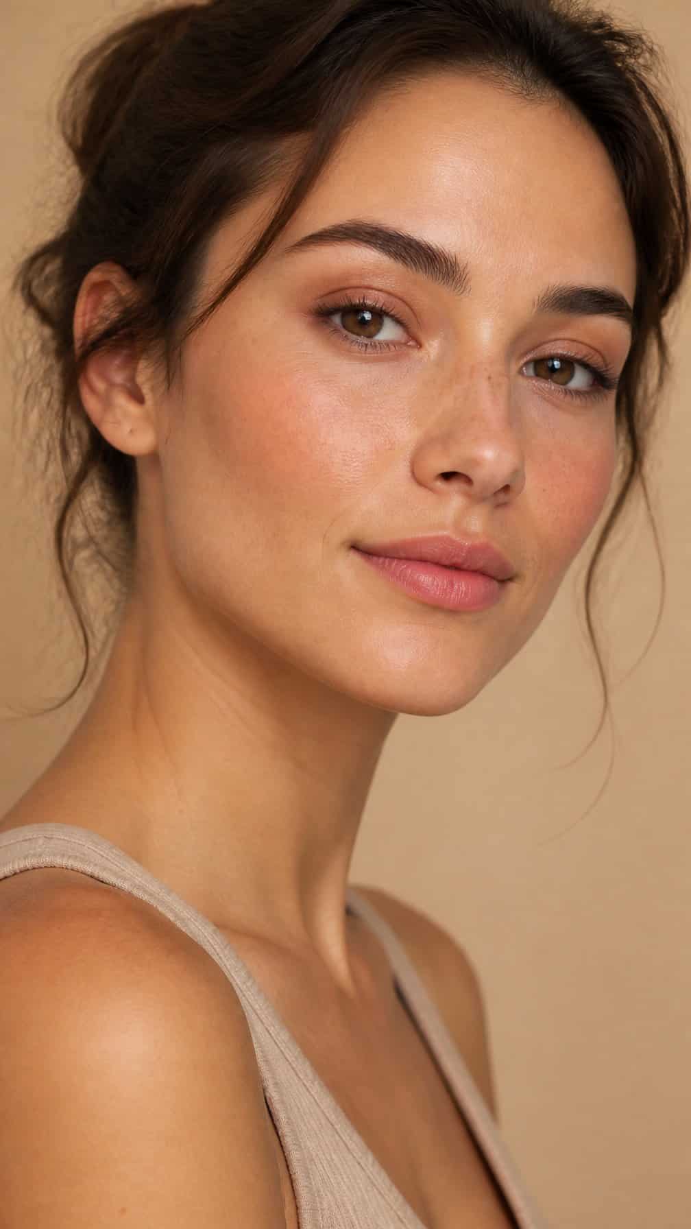 A woman with natural-looking makeup, soft brown eyeliner, and a fresh even complexion poses against a neutral background.