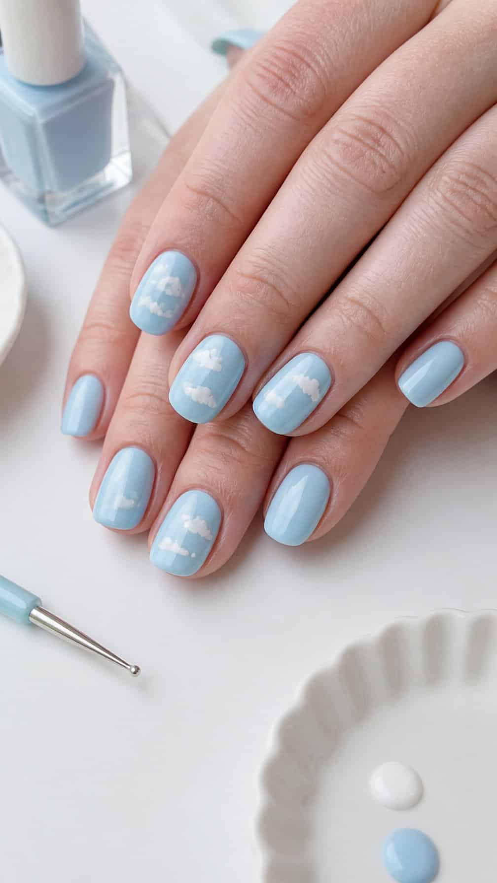 A hand with pastel sky-blue nails decorated with small white cloud dots rests on a bright surface.