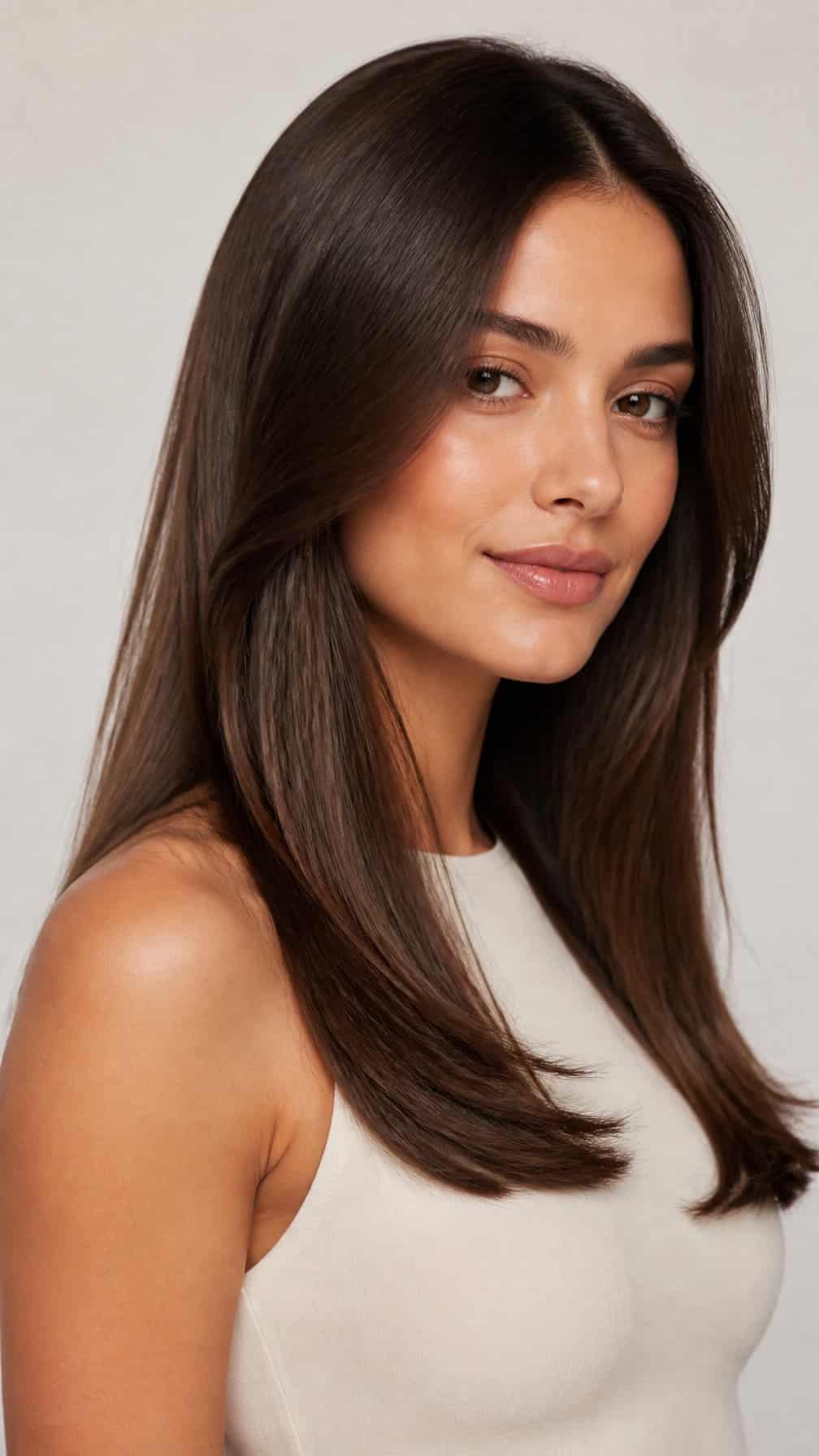 Woman with smooth straight hair styled in long layered sections.