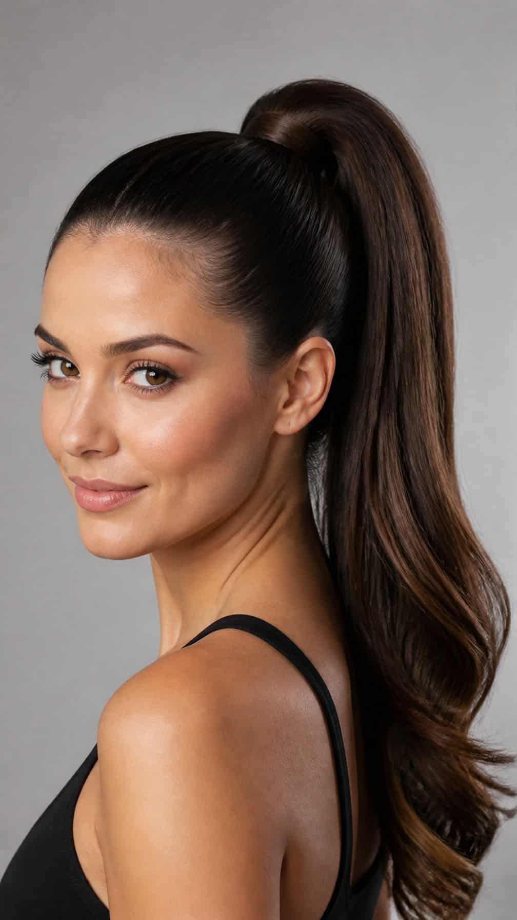 Woman with a sleek high ponytail viewed from the shoulders up.