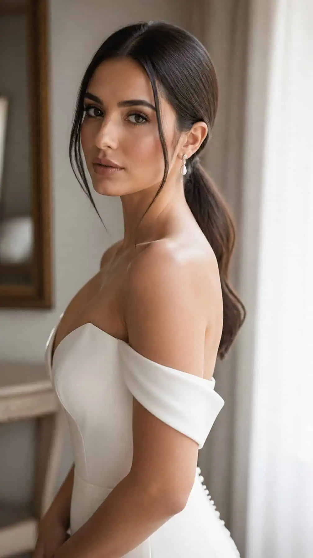 Bride wearing a sleek low ponytail with loose pieces framing her face.
