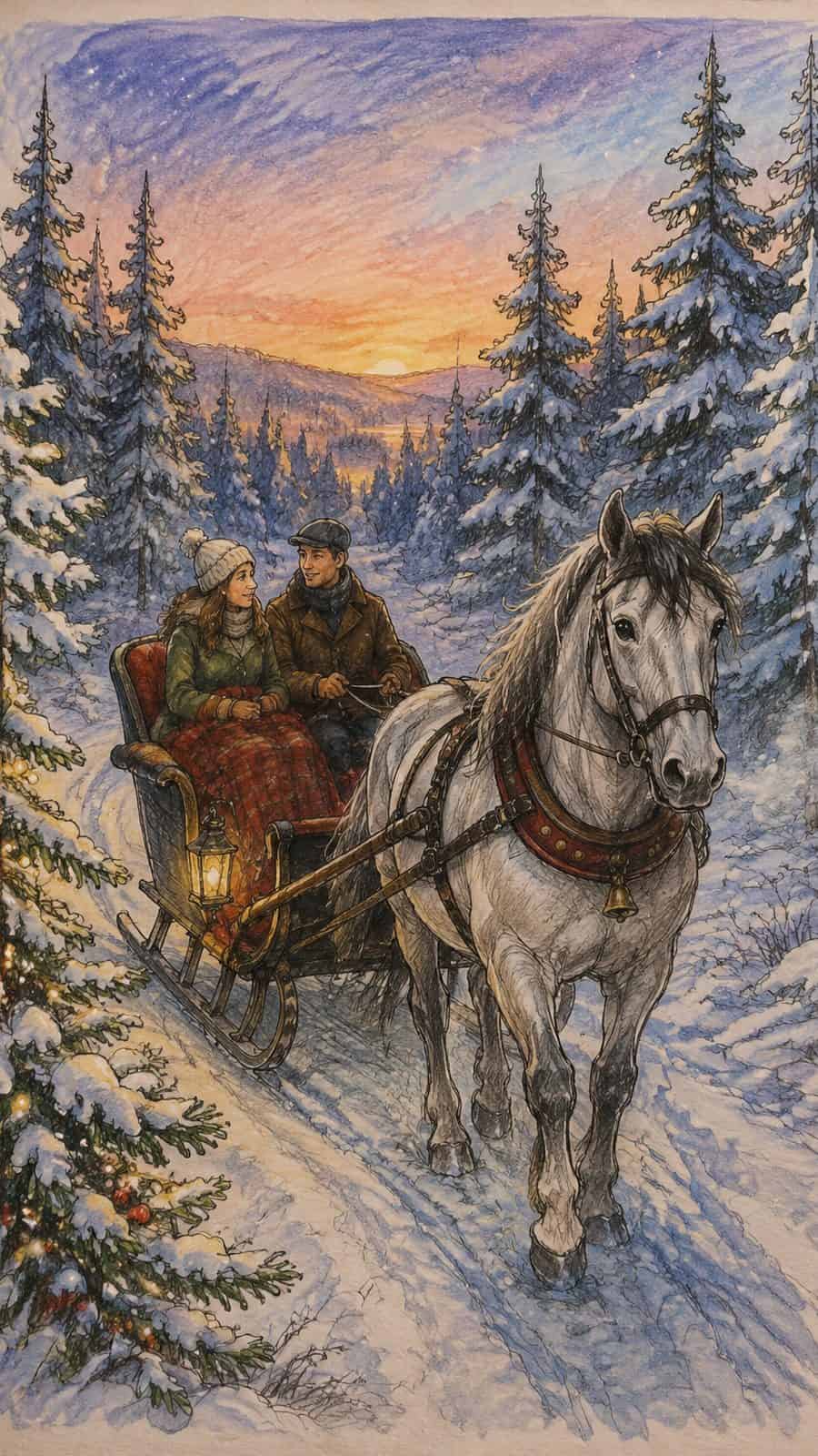 A hand-drawn artwork of sleigh ride through a snowy forest.
