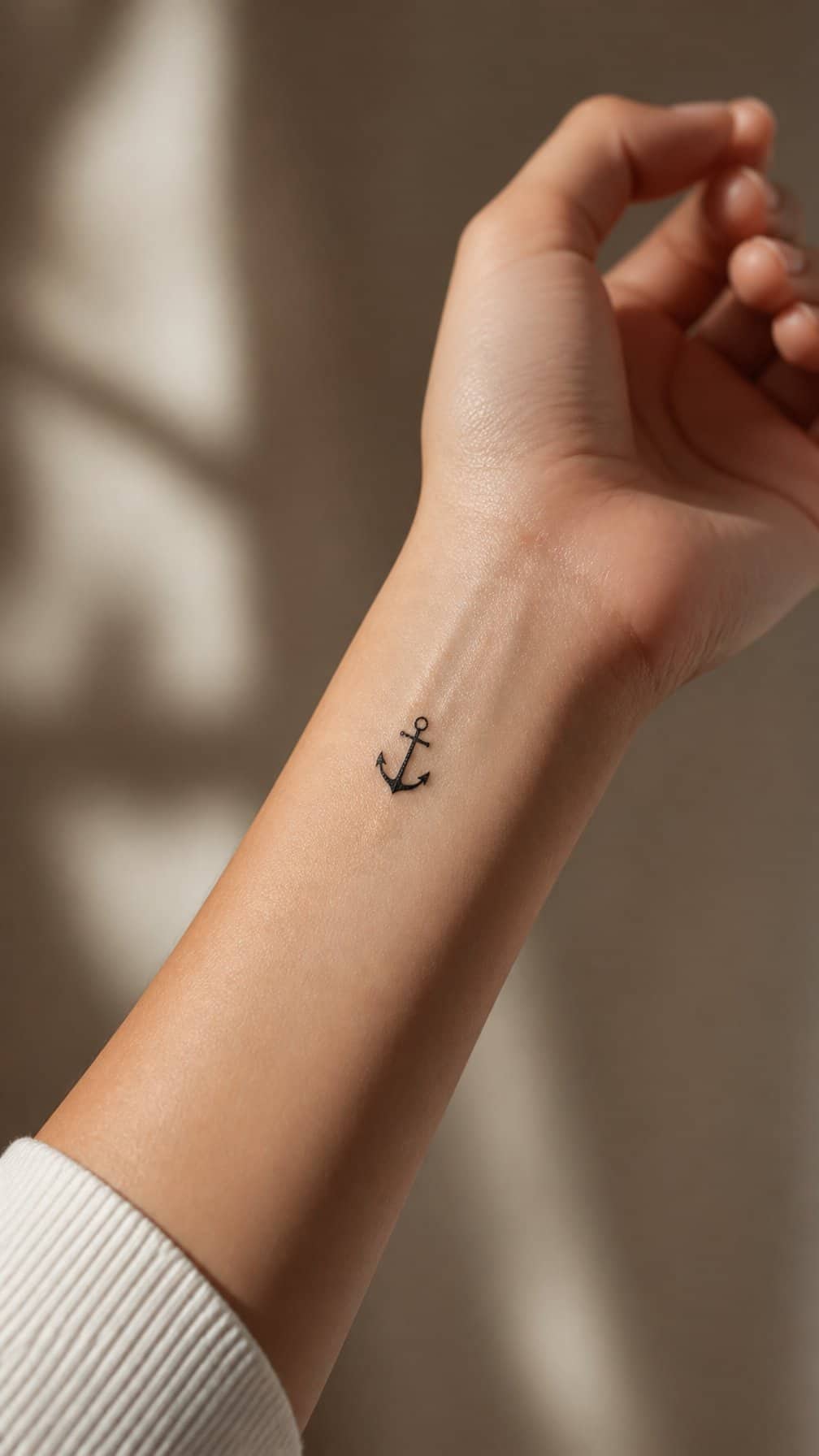 A small anchor tattoo on a person’s inner wrist.