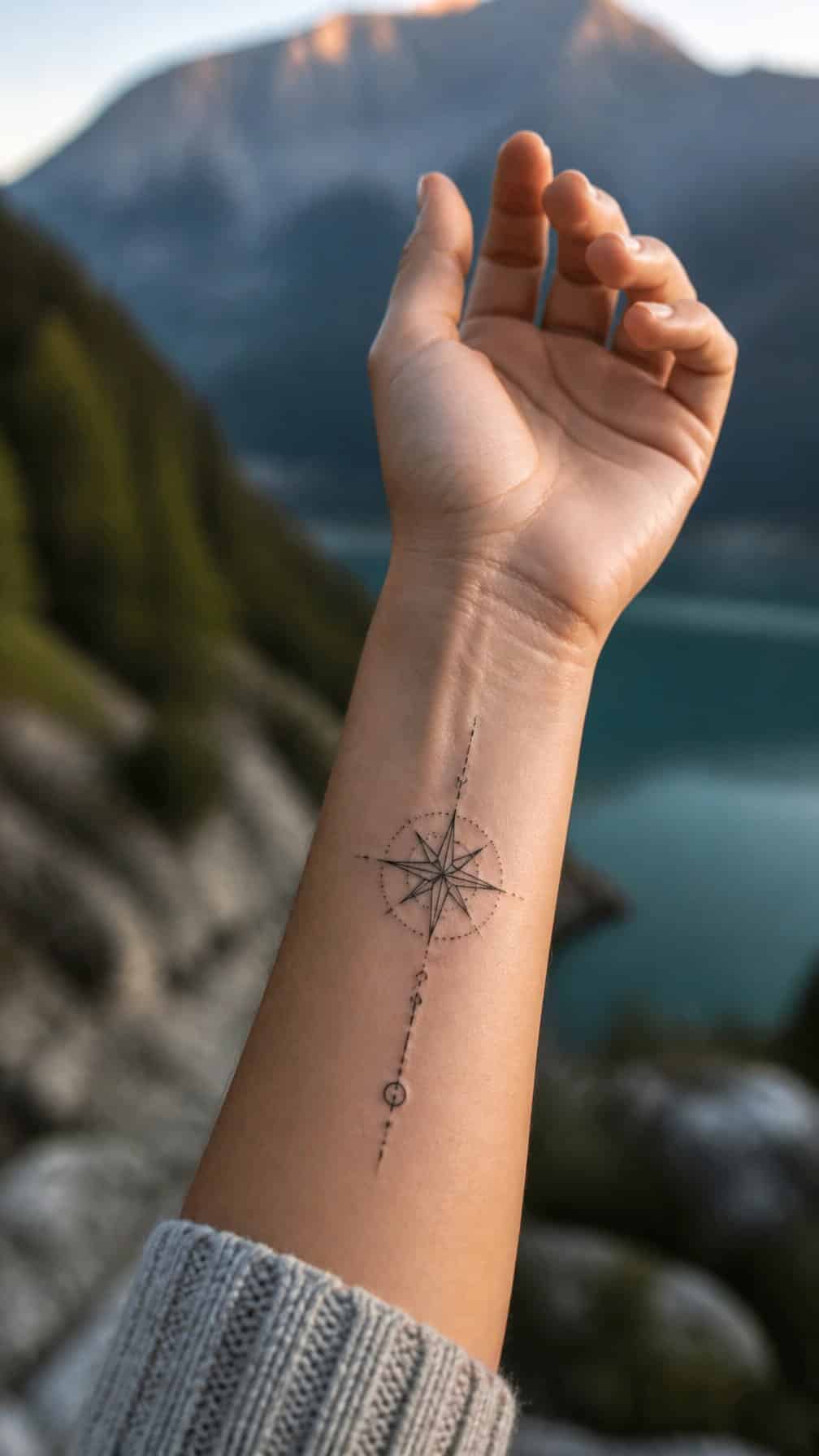 A person displays a small compass tattoo on their inner wrist against a softly blurred outdoor background.