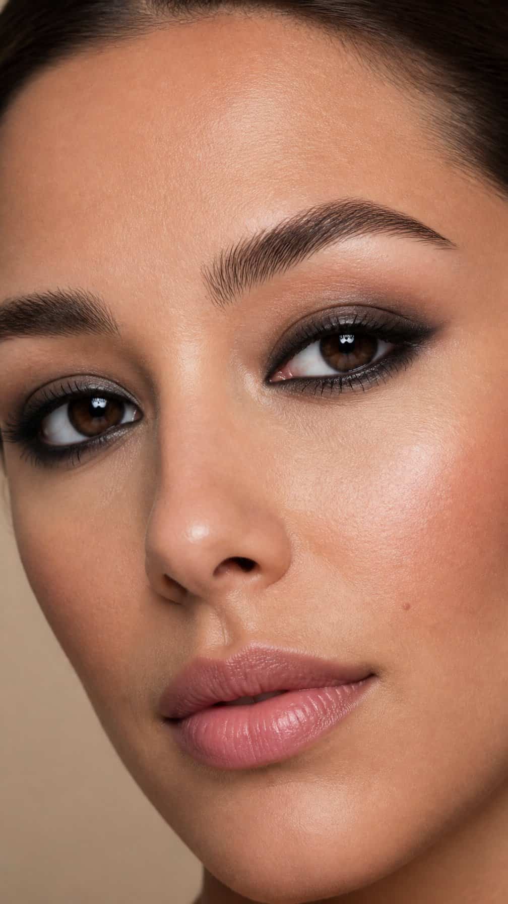 Close-up of a model wearing softly smudged smoky eye makeup along the upper and lower lash lines.