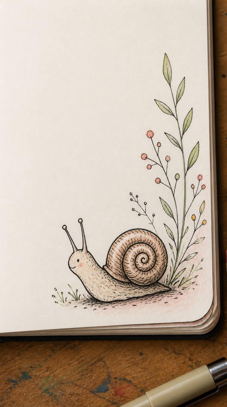 A hand-drawn artwork of snail with a spiral shell.