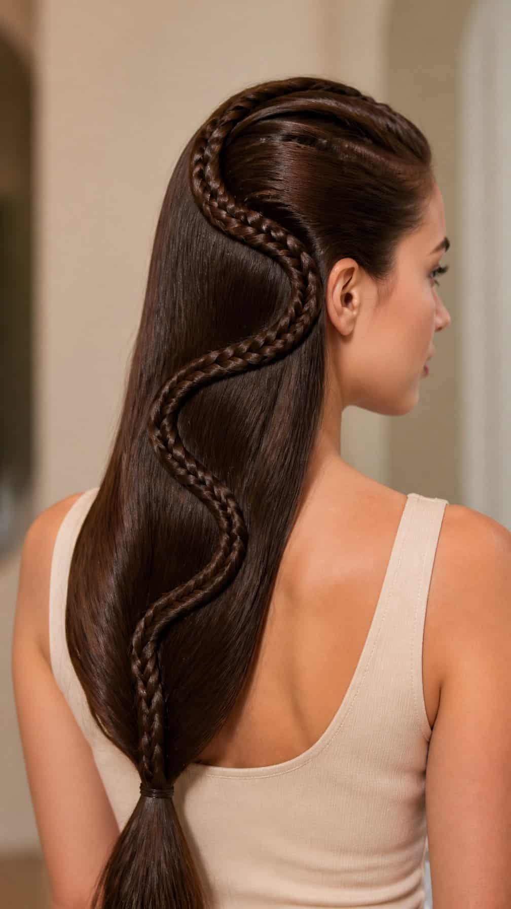 A woman with long dark hair styled in a winding snake braid viewed from behind.
