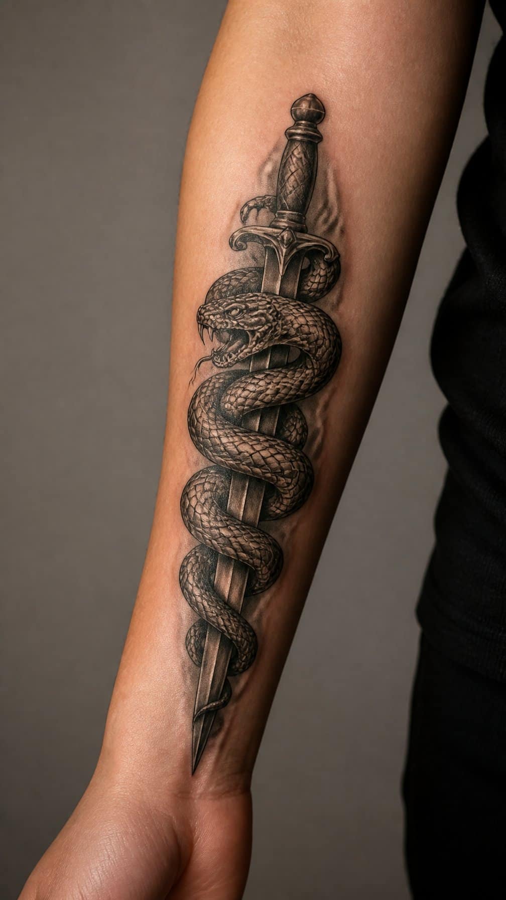 A forearm displays a narrow tattoo cover-up featuring a coiled snake wrapped around a dagger.