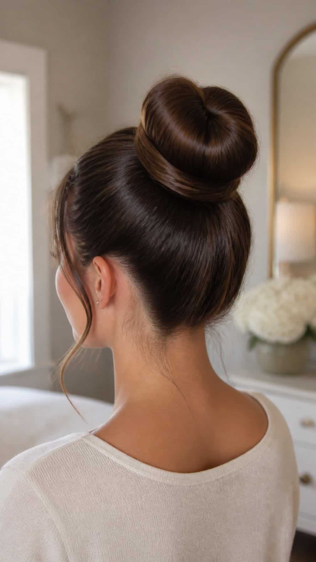 Woman seen from behind wearing a neat, rounded bun hairstyle.