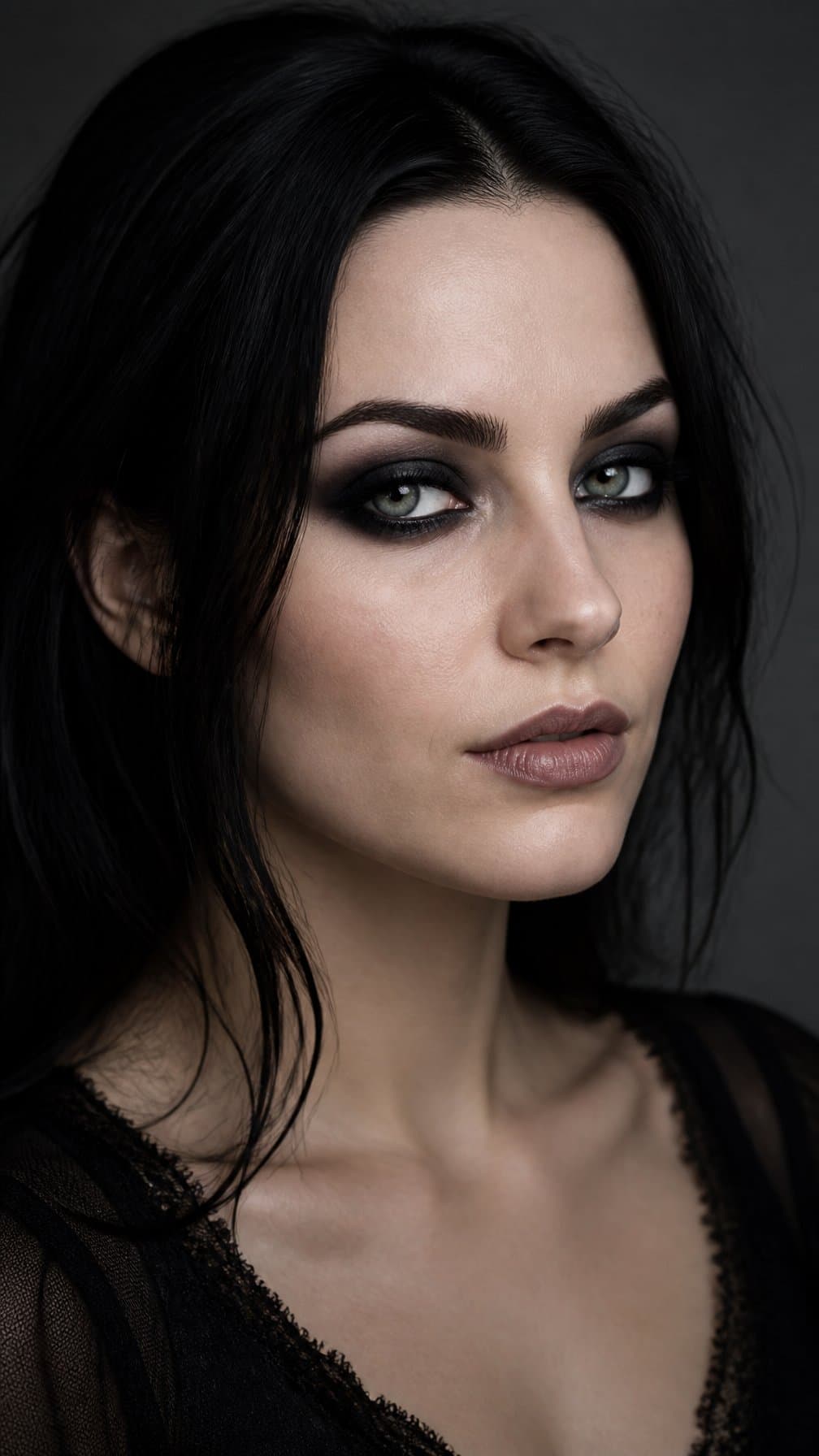 Close-up portrait of a person wearing softly blended black eyeliner around both eyes.