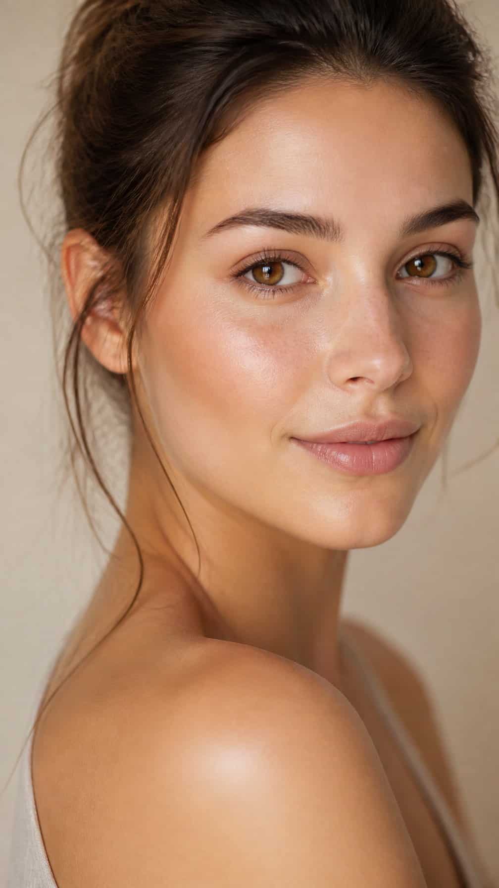 Woman with natural makeup and softly defined brown eyeliner along her upper lash line.