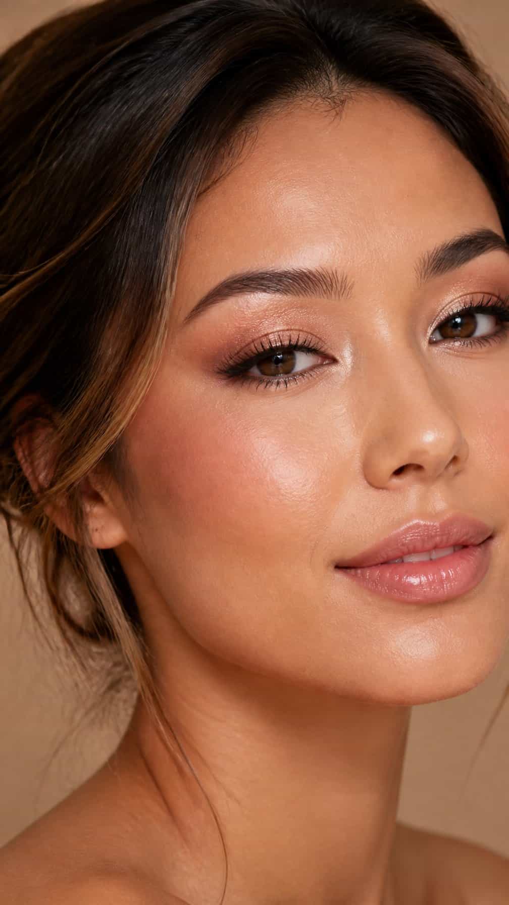 Close-up portrait of a woman wearing soft glam eyeshadow and clustered false lashes.