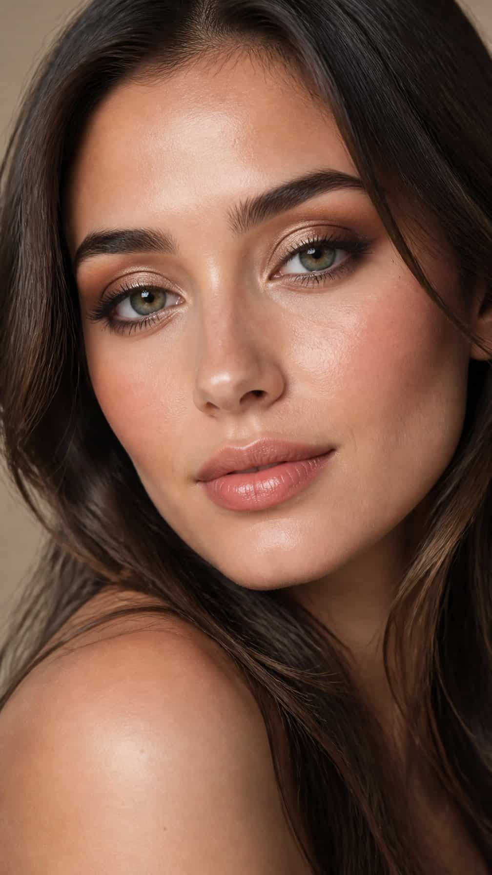 Close-up portrait of a woman wearing softly blended neutral shimmer eye makeup and natural glam makeup.