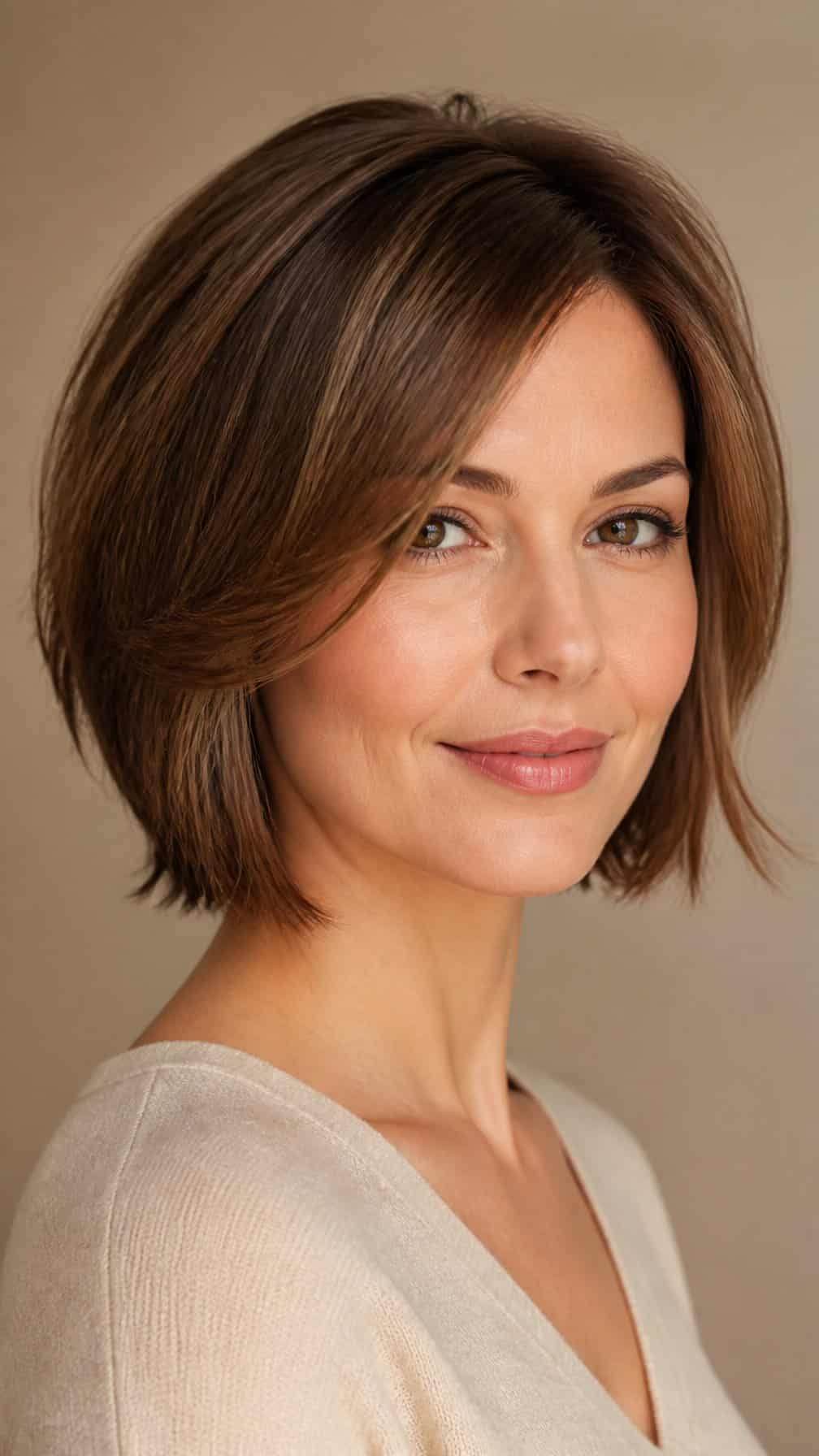 Woman with a softly layered chin-length bob haircut posing against a neutral background.