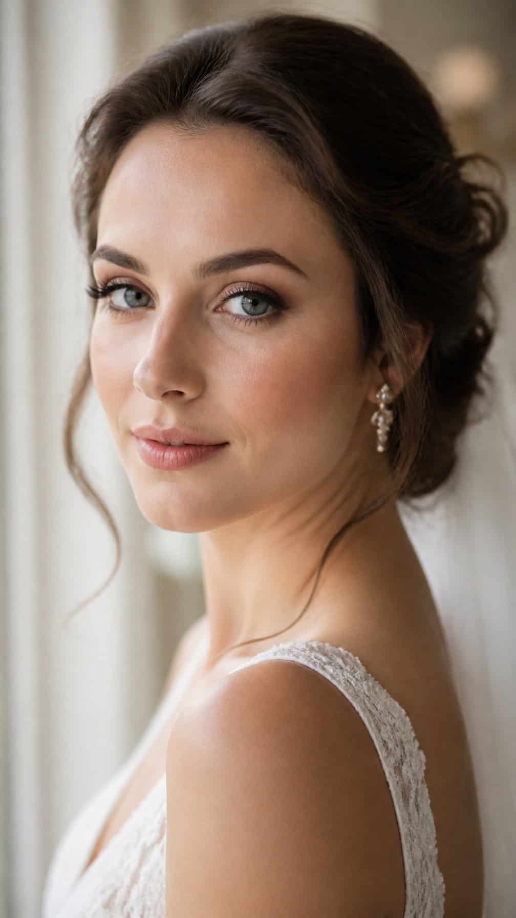 Bride with soft matte makeup posing near a bright window.