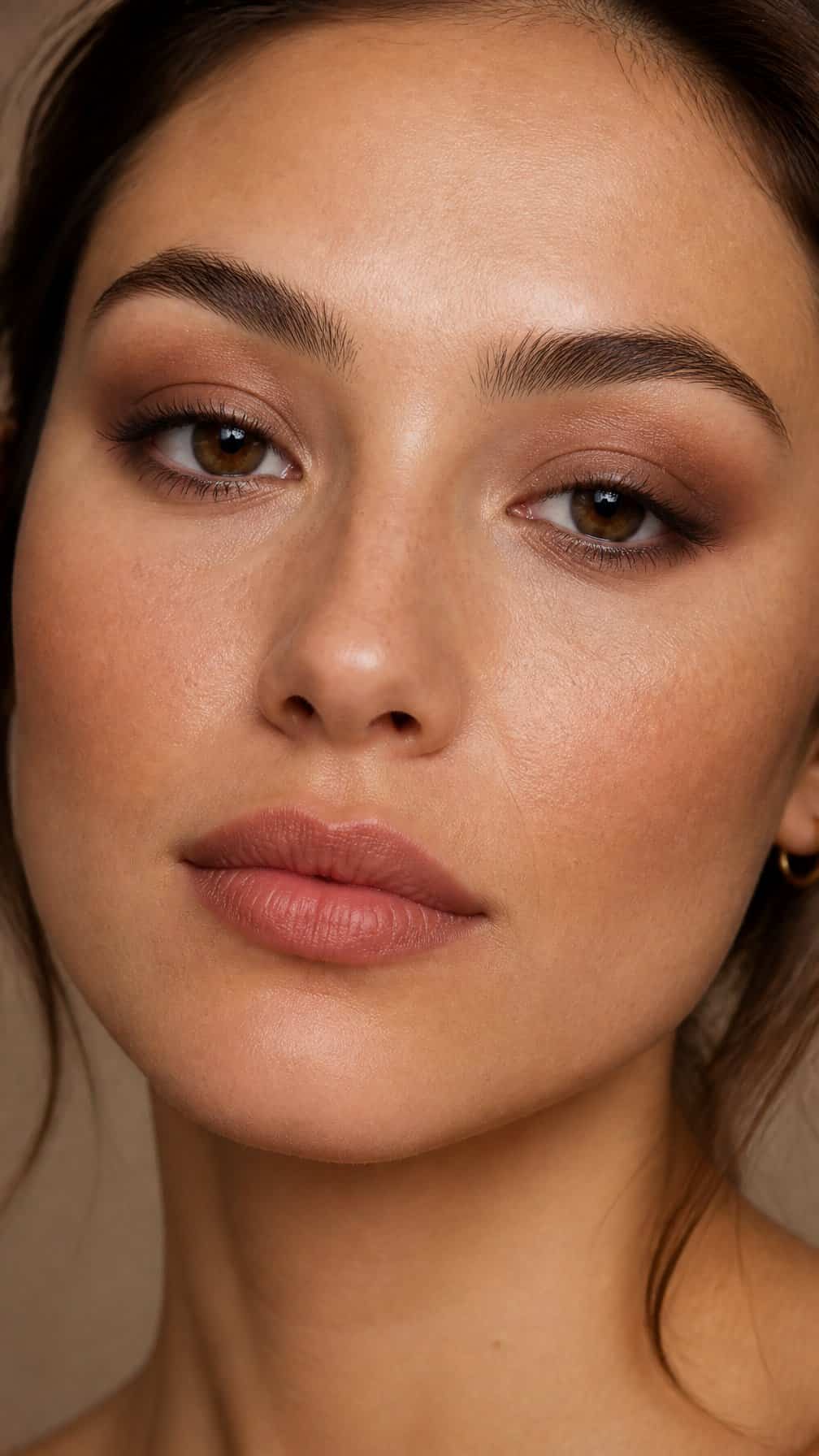 Close-up portrait showing softly blended brown smoky makeup on hooded eyes.