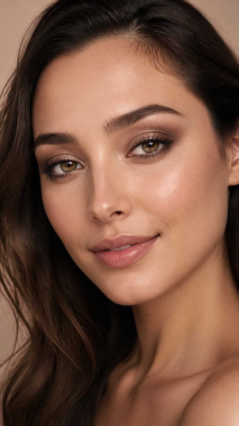 Close-up portrait of a woman wearing softly blended taupe eye makeup.