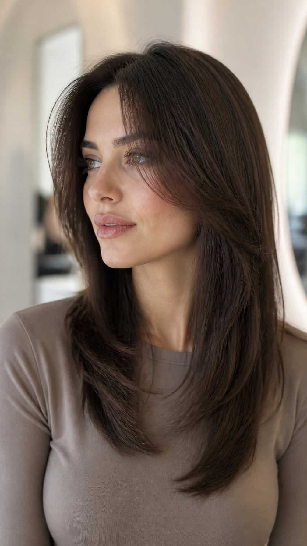 A woman with straight layered hair poses in a softly lit minimalist setting.
