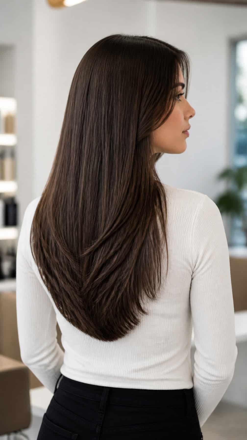 A woman with straight hair cut in a softly rounded U shape, viewed from behind.