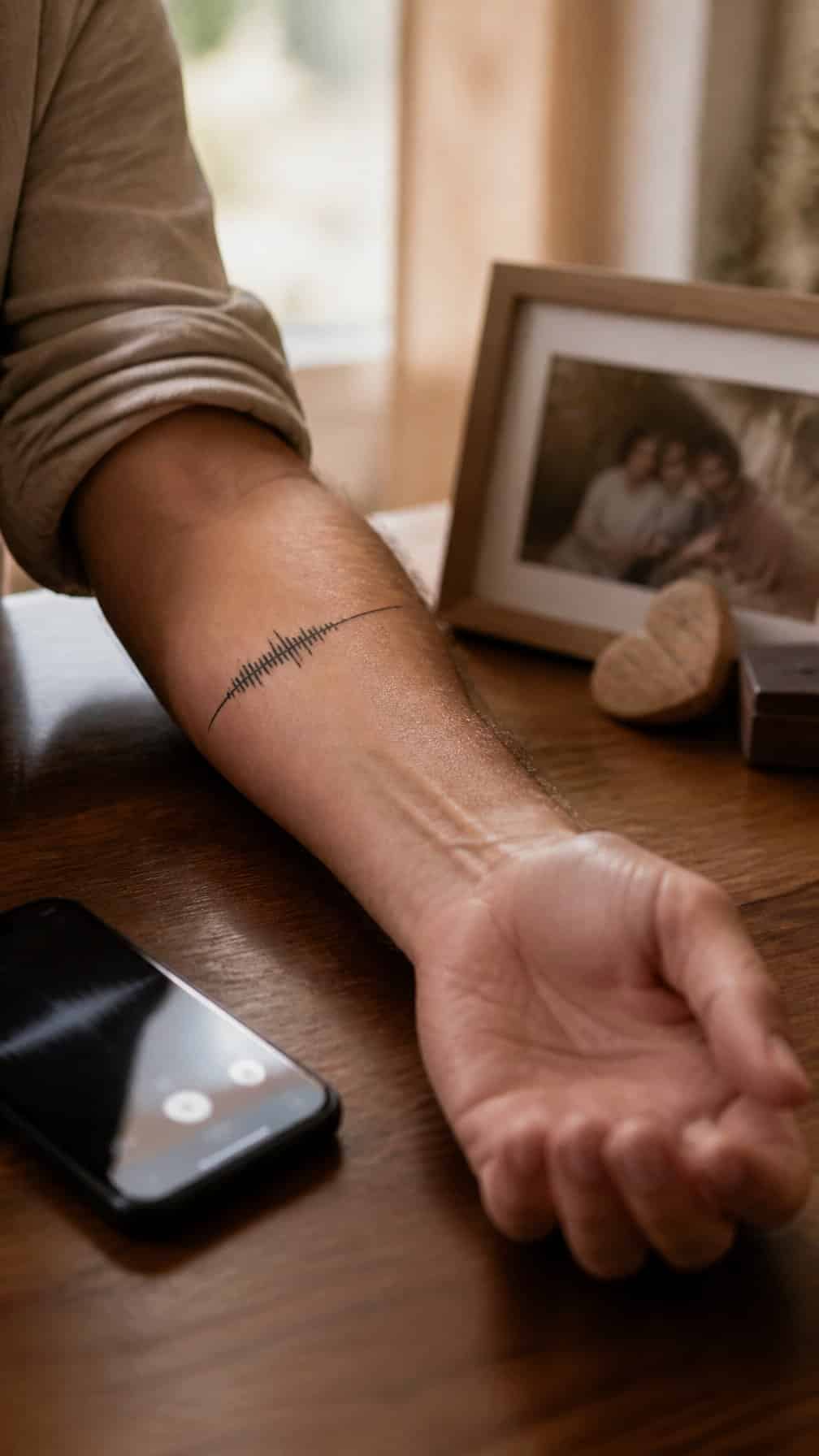 A person rests an arm with a small waveform tattoo beside a smartphone and a blurred family photo.