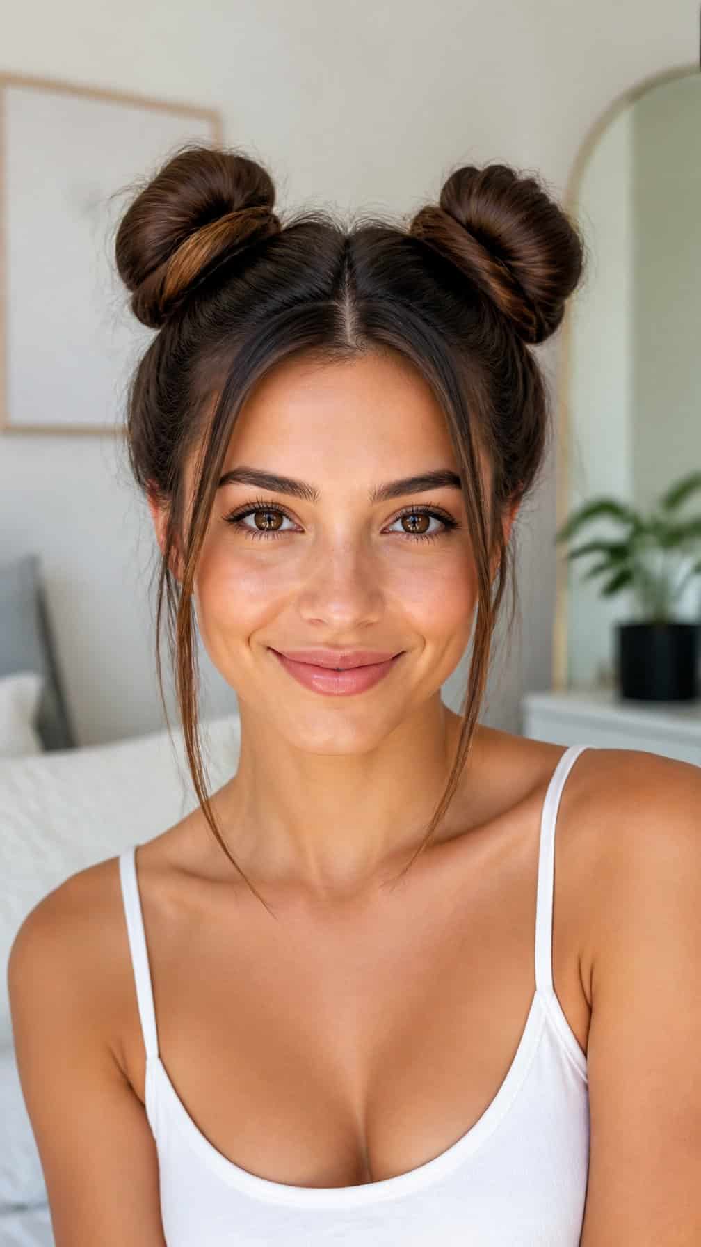 A woman with two neat buns high on either side of her head, with a few loose strands framing her face.