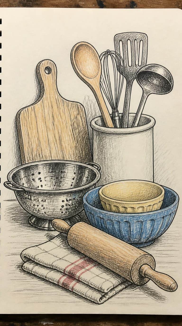 A hand-drawn artwork of still life arranged from kitchen utensils.