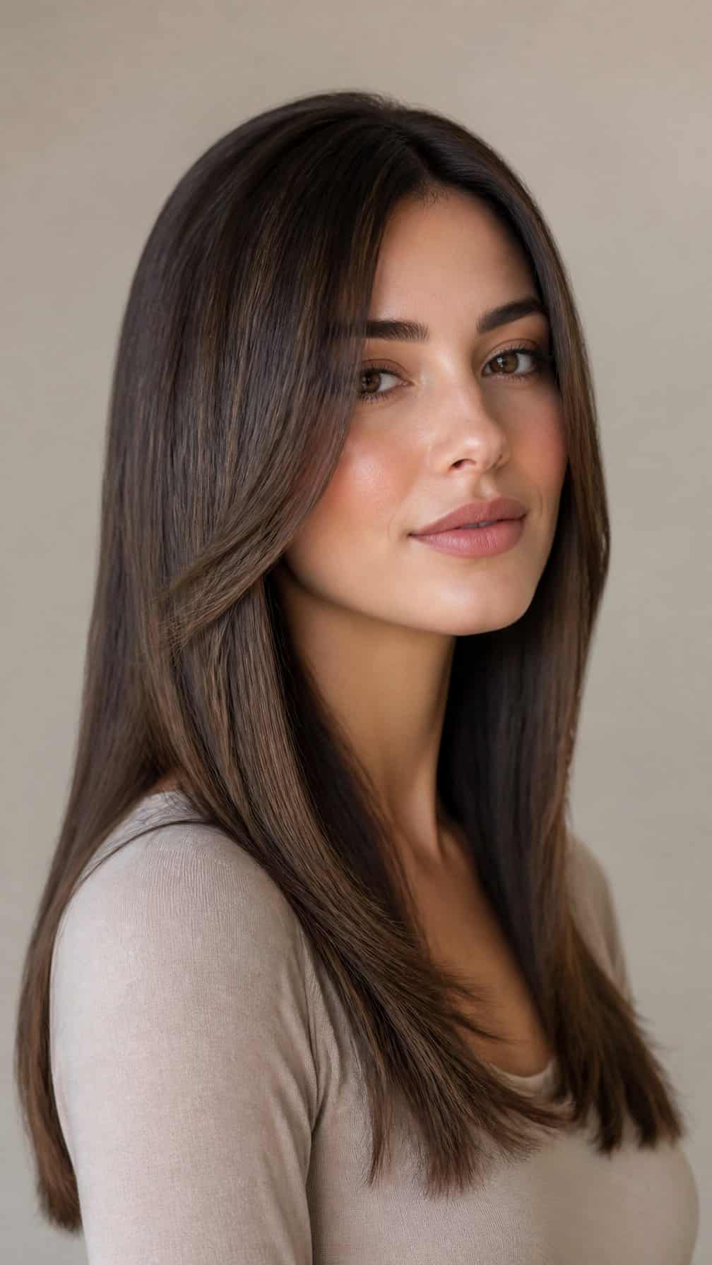 Woman with straight, layered hair framing her cheekbones.