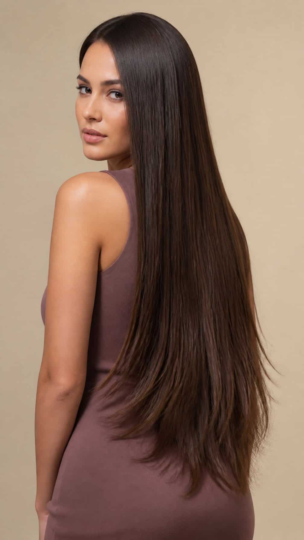 A woman with long straight hair and softly tapered ends standing against a neutral background.