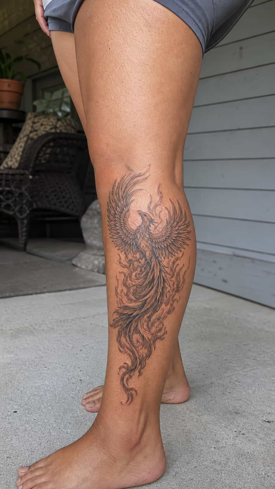 Empowering and Beautiful: 23 Japanese Tattoos for the Modern Woman 14 Healed breathtaking phoenix rising tattoo on a adult woman's outer calf, photographed in a natural relaxed documentary crop — study 2