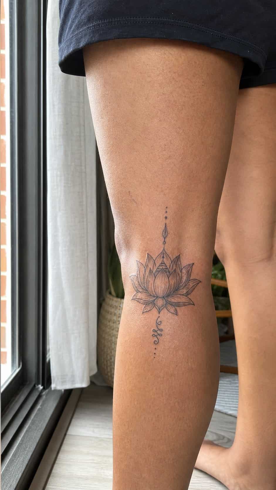 Empowering and Beautiful: 23 Japanese Tattoos for the Modern Woman 15 Healed lotus flower purity tattoo on a adult woman's outer calf, photographed in a natural straight-on close view, a touch off-center — study 1
