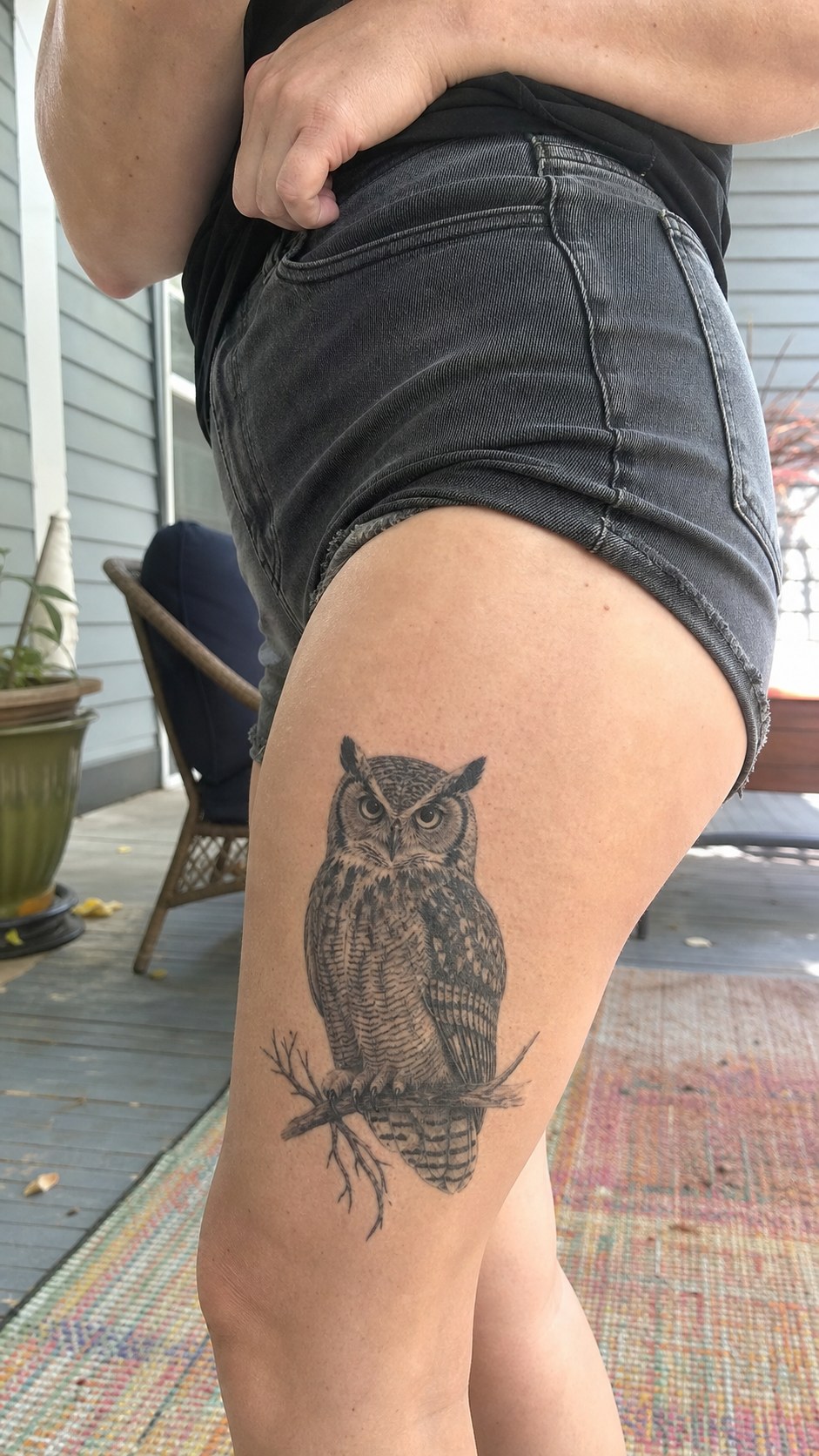 Empowering and Beautiful: 23 Japanese Tattoos for the Modern Woman 24 Healed the wise owl tattoo on a adult woman's outer thigh, photographed in a natural waist-height candid close-up — study 1