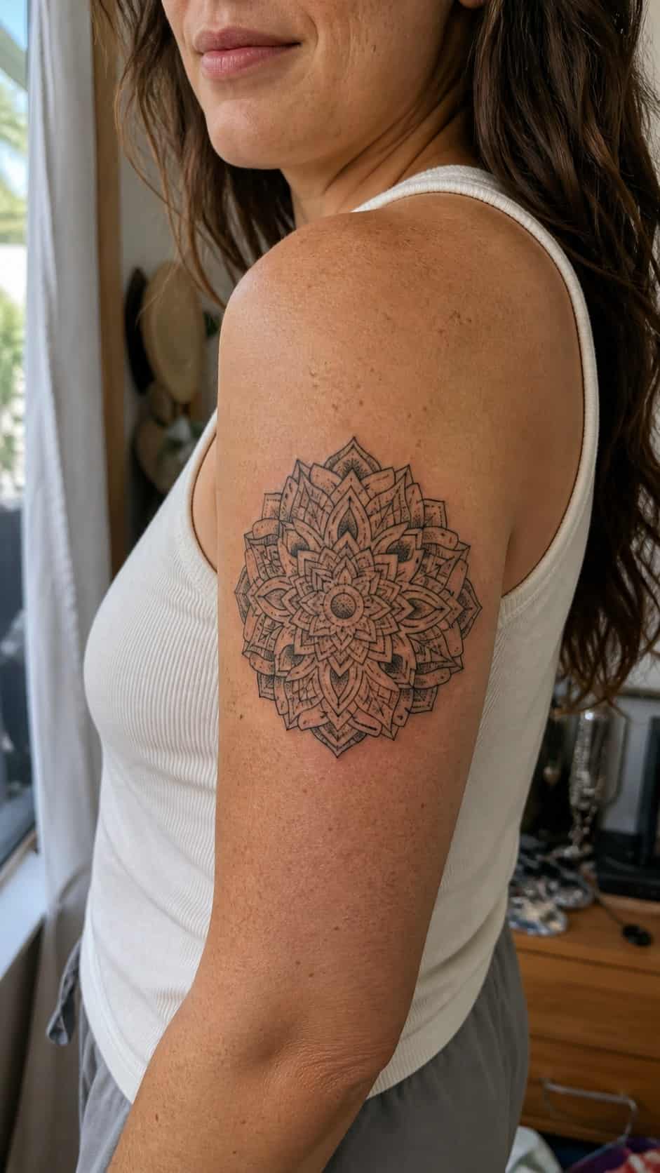 38 Creative Tattoo Ideas for Women 4 Healed geometric mandala tattoo on a adult woman's outer upper arm, photographed in a natural slightly elevated close view — study 1