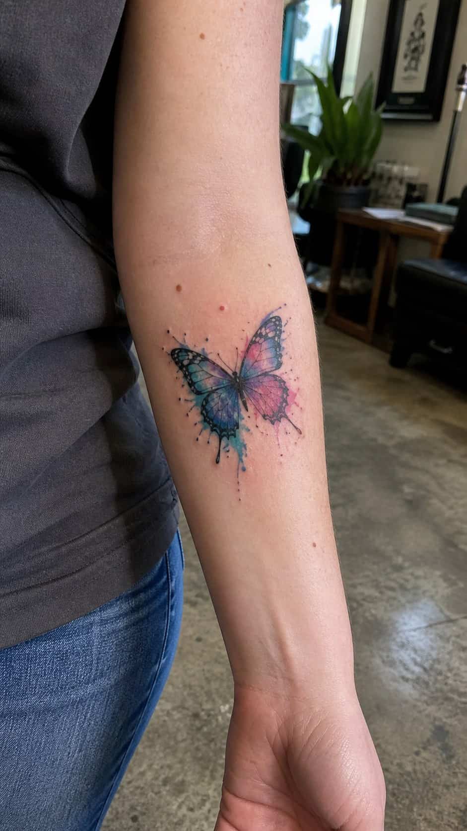 38 Creative Tattoo Ideas for Women 6 Healed watercolor butterfly tattoo on a adult woman's inner forearm, photographed in a natural straight-on close view, a touch — study 1