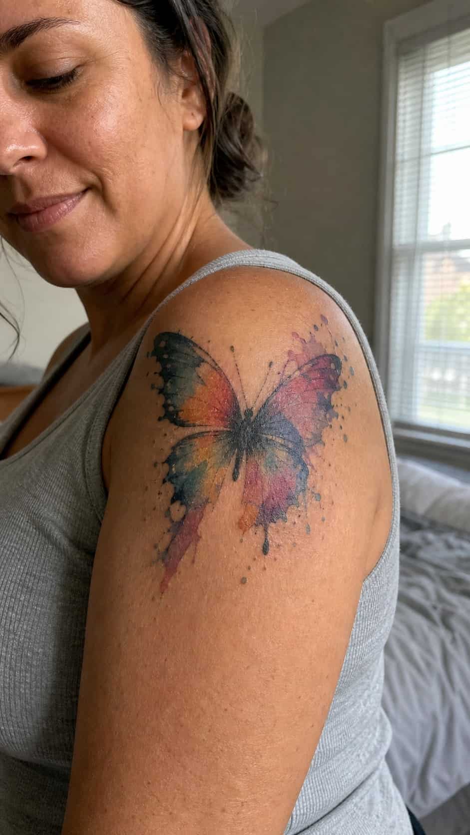 38 Creative Tattoo Ideas for Women 7 Healed watercolor butterfly tattoo on a adult woman's shoulder, photographed in a natural gentle side angle that clearly shows how the — study 2