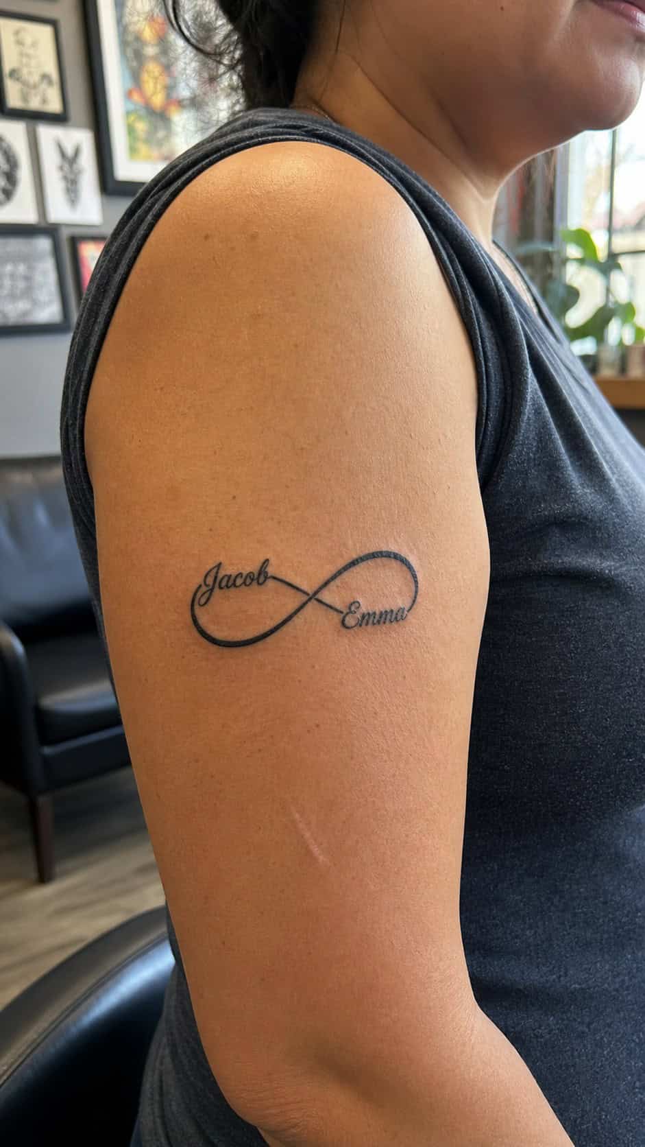 38 Creative Tattoo Ideas for Women 8 Healed infinity symbol with names tattoo on a adult woman's outer upper arm, photographed in a natural gentle side angle that clearly — study 1
